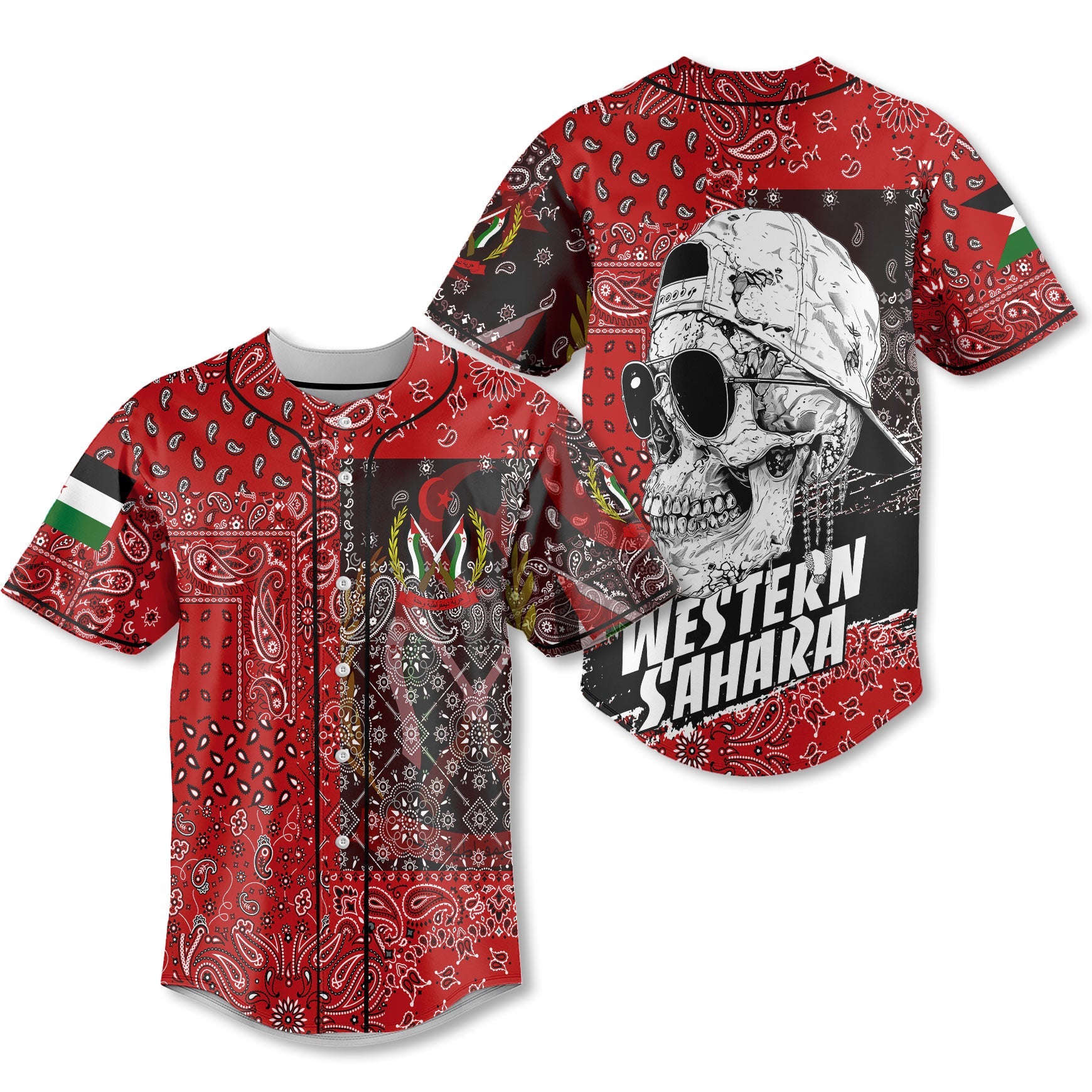 Western Sahara Baseball Jersey Paisley Flag And Skull Style 1