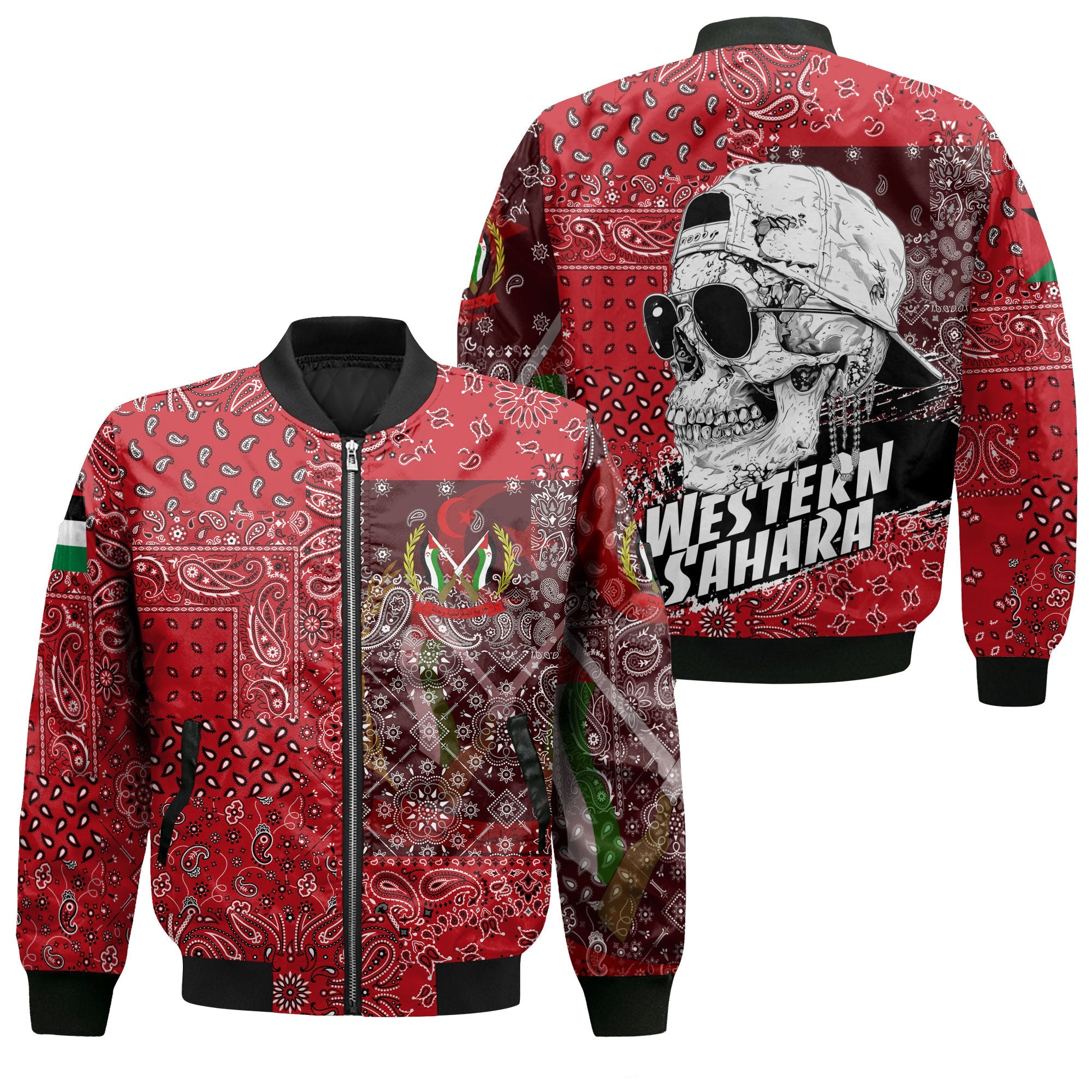 Western Sahara Bomber Jacket Paisley Flag And Skull Style 1