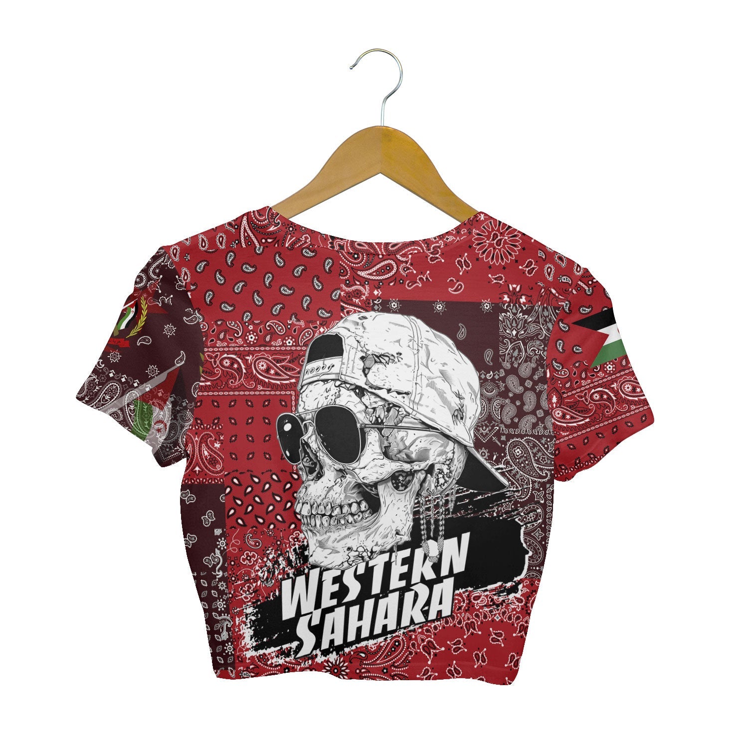 Western Sahara Croptop T Shirt Paisley Flag And Skull Style 2