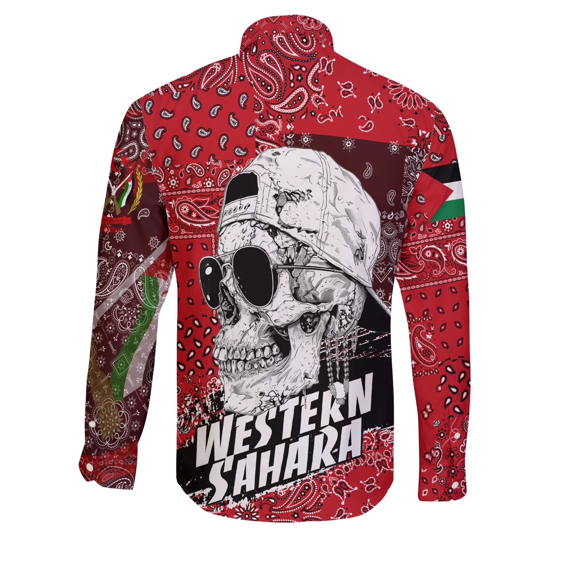 Western Sahara Long Sleeve Button Shirt Paisley Flag And Skull Style 2