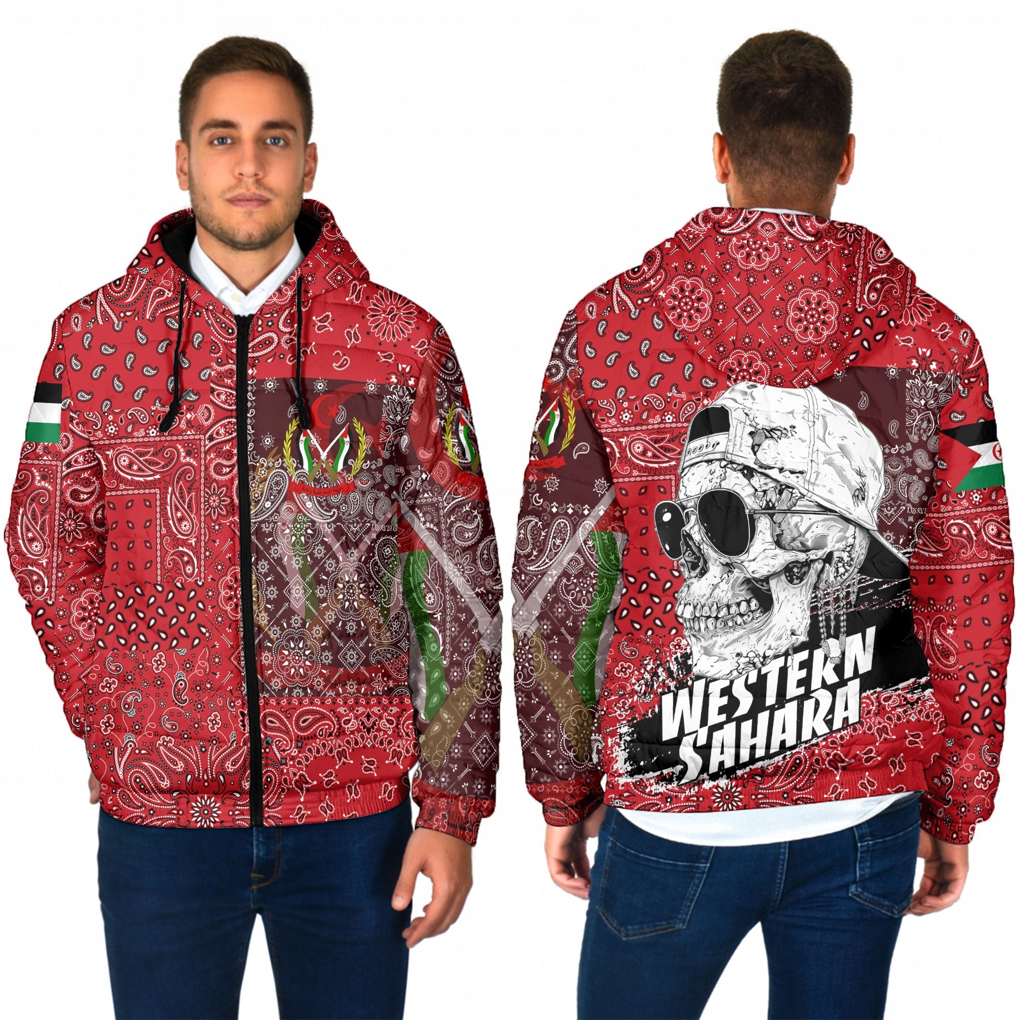 Western Sahara Men Hooded Padded Jacket Paisley Flag And Skull Style 1