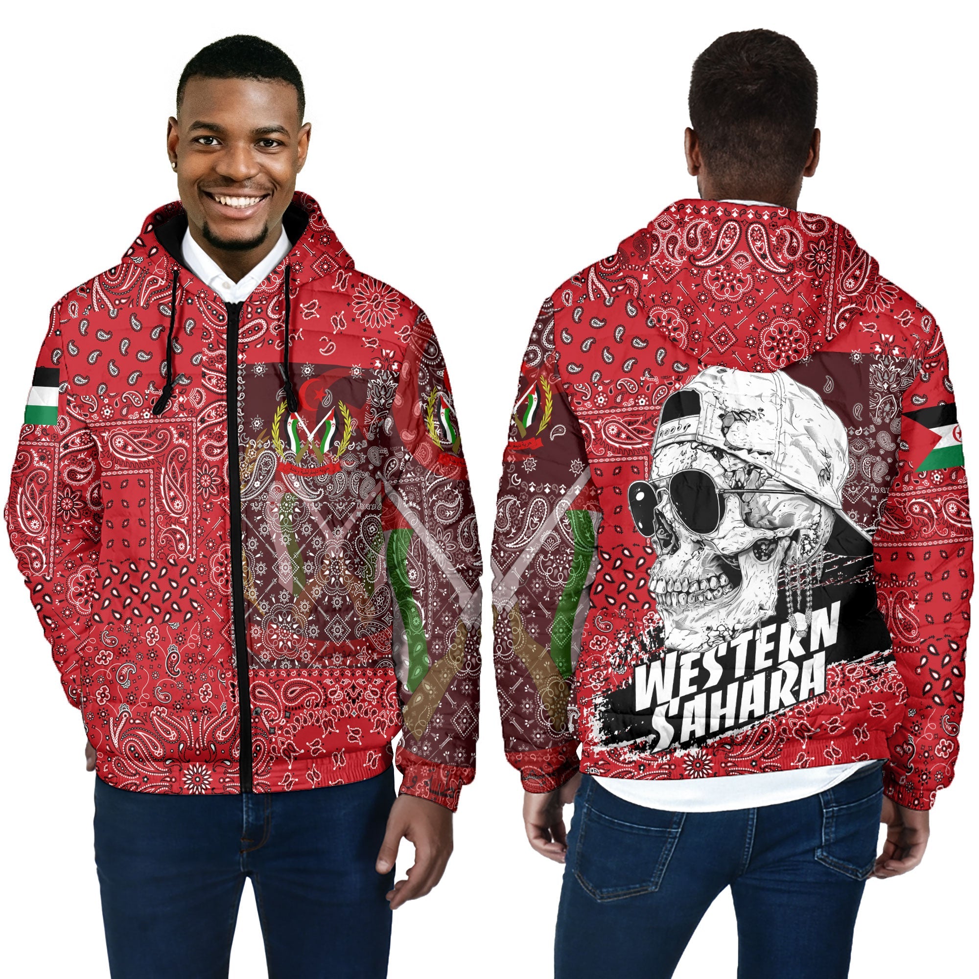 Western Sahara Men Hooded Padded Jacket Paisley Flag And Skull Style 4