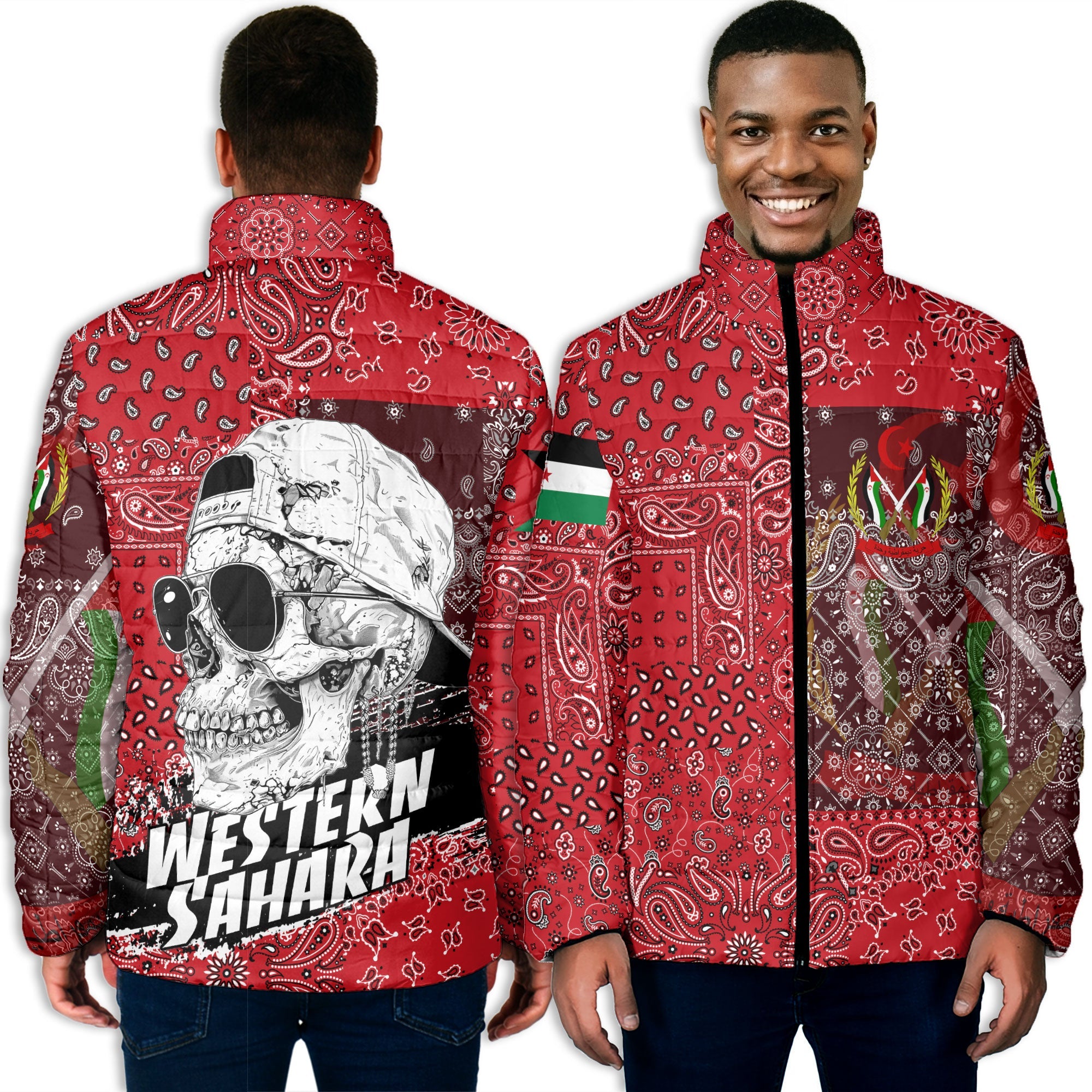 Western Sahara Men Padded Jacket Paisley Flag And Skull Style 3