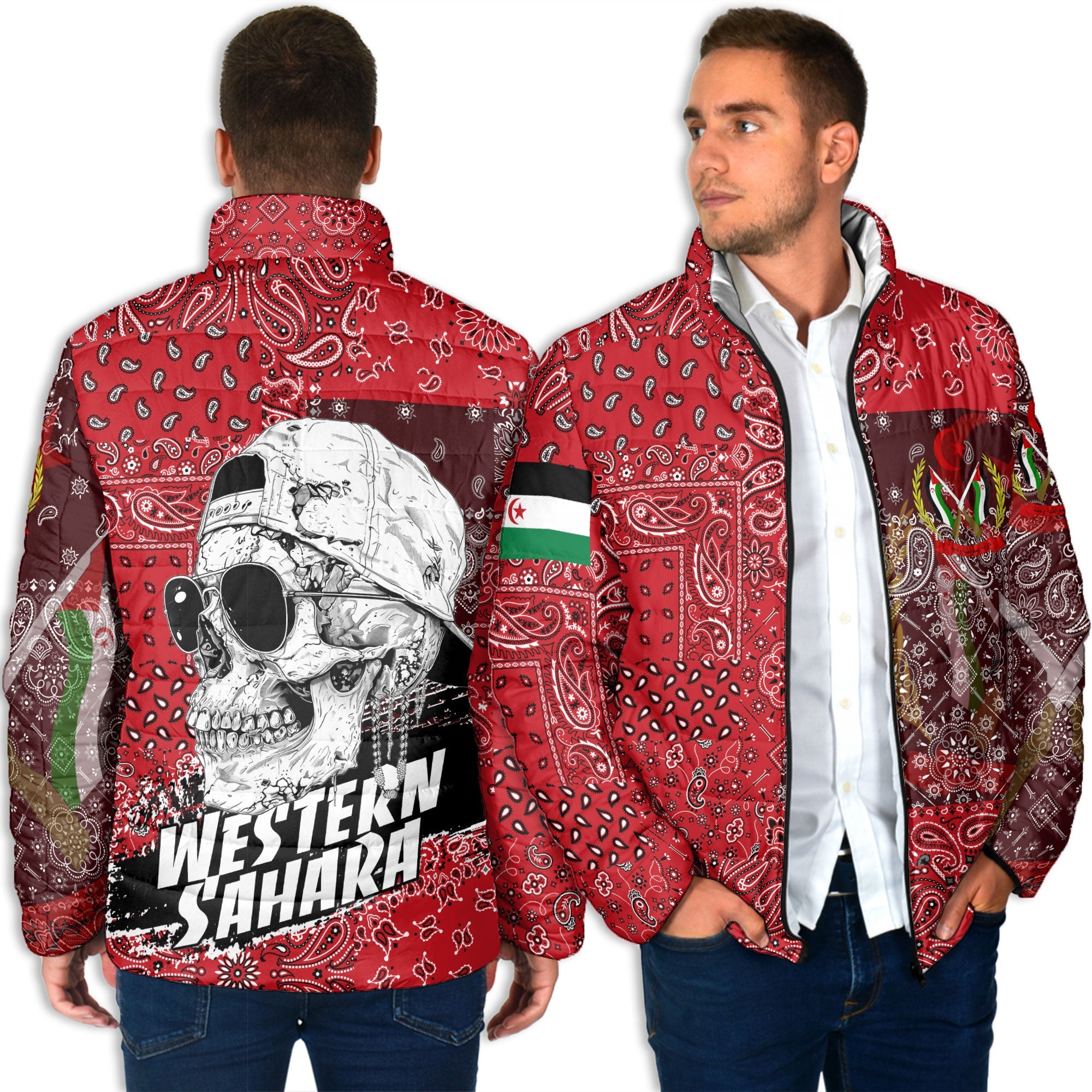 Western Sahara Men Padded Jacket Paisley Flag And Skull Style 4