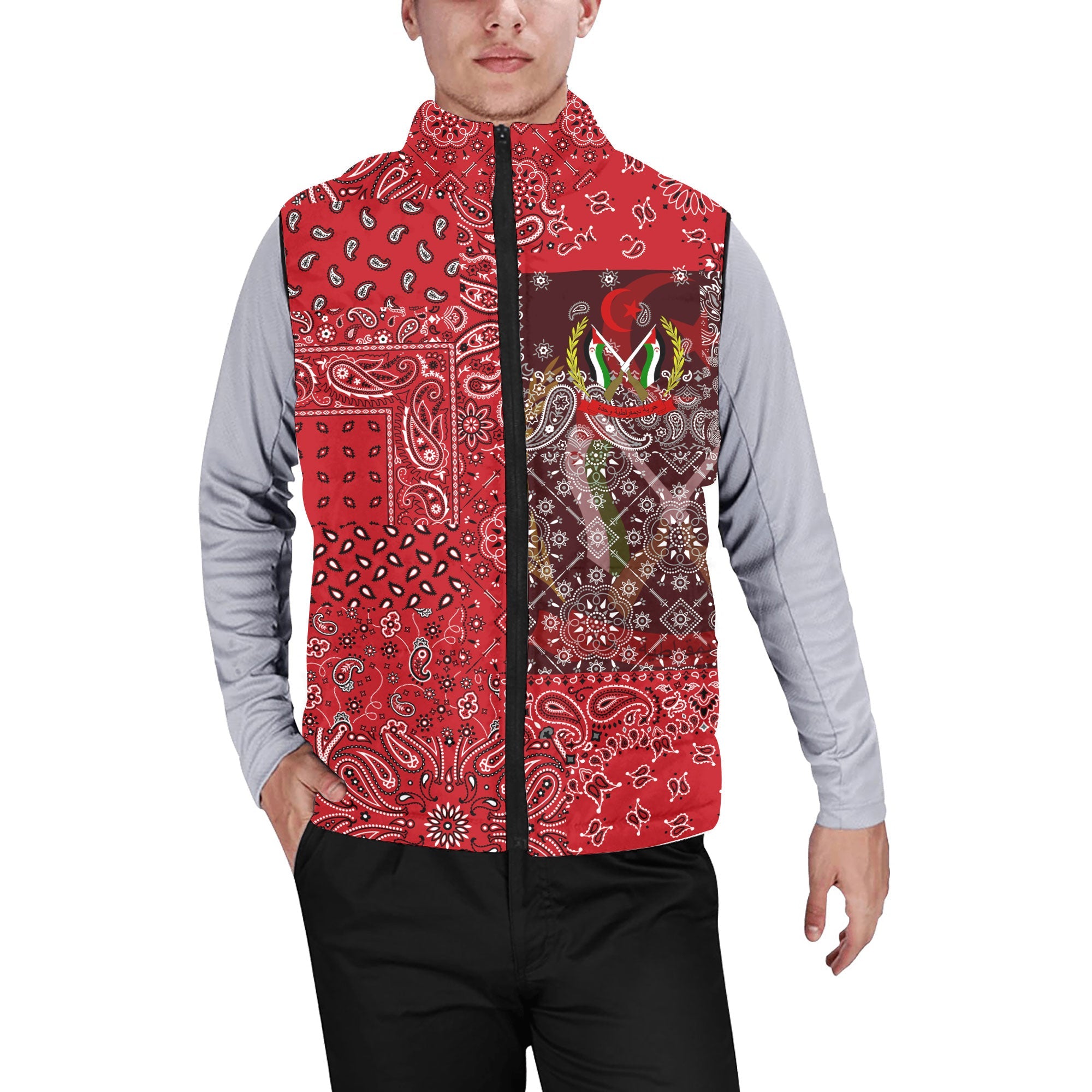 Western Sahara Men Padded Jacket Vest Paisley Flag And Skull Style 1