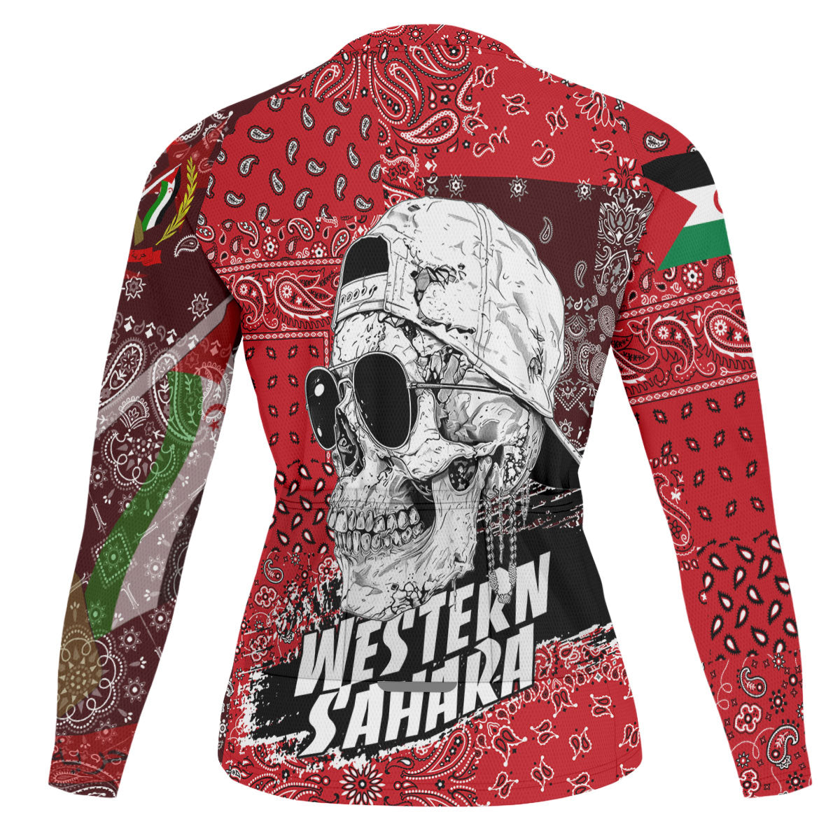 Western Sahara Raglan Men Cycling Jersey Long Sleeve Paisley Flag And Skull Style 2