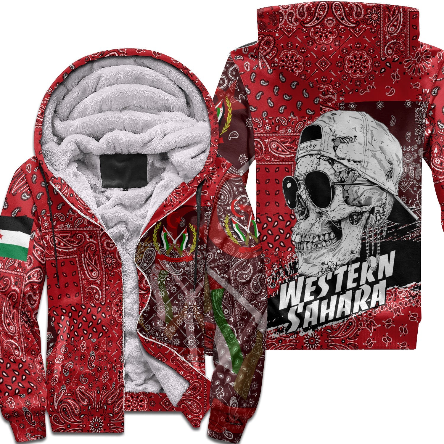 Western Sahara Sherpa Hoodie Paisley Flag And Skull Style 1