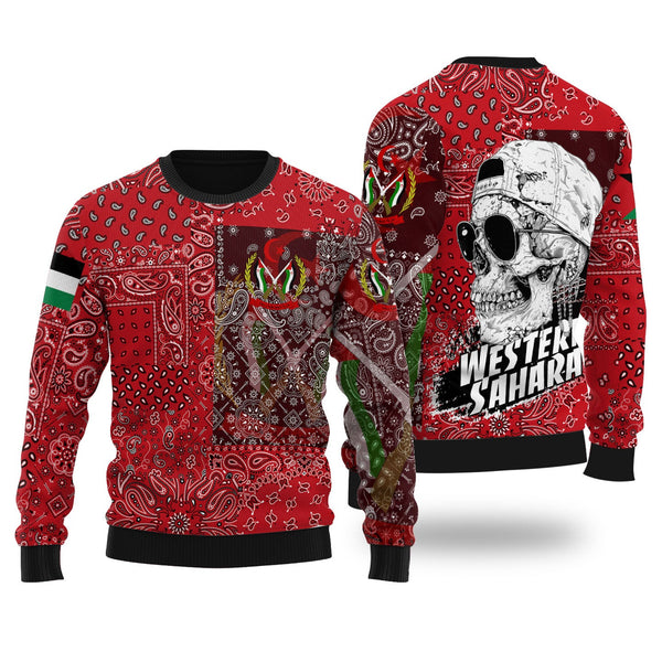 Western Sahara Ugly Sweater Paisley Flag And Skull Style 1