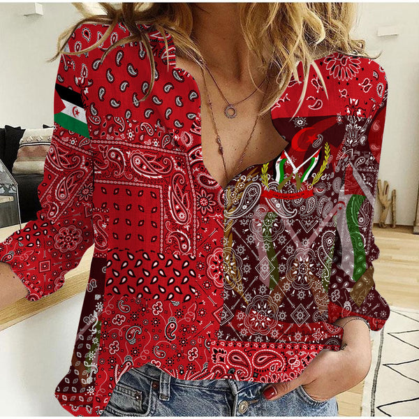 Western Sahara Women Casual Shirt Paisley Flag And Skull Style 1