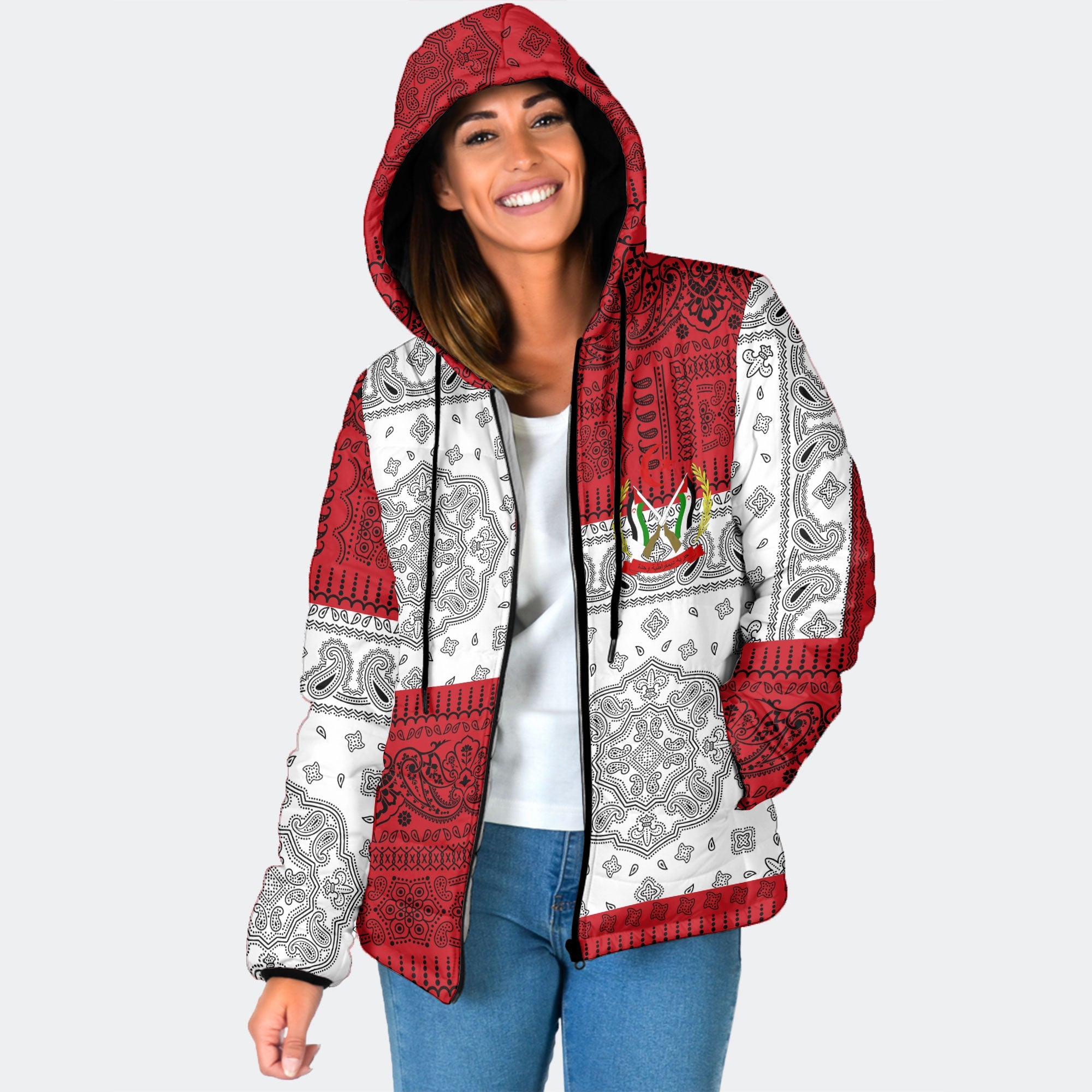 Western Sahara Women Hooded Padded Jacket Flag And Paisley Basic Style 1