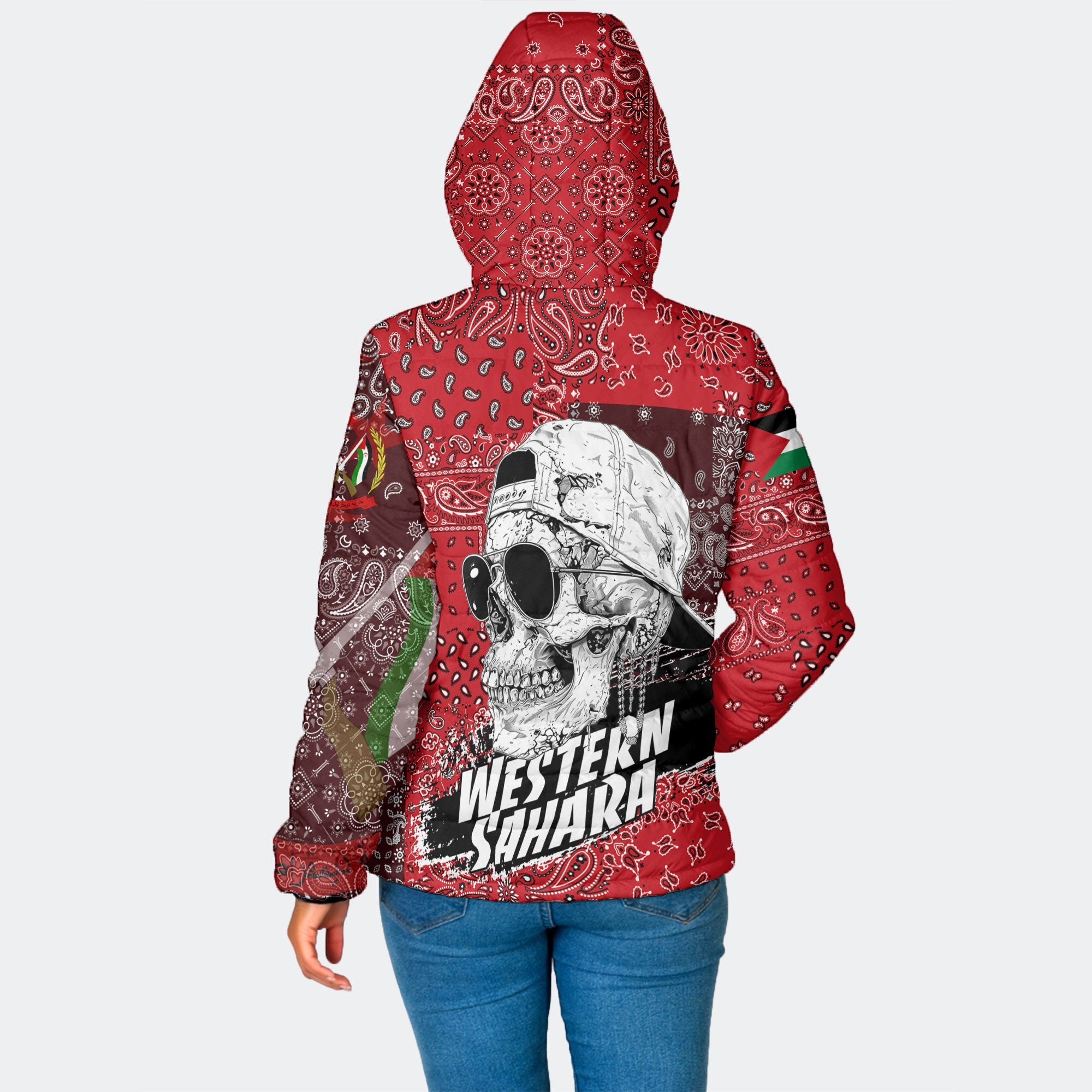 Western Sahara Women Hooded Padded Jacket Paisley Flag And Skull Style 2