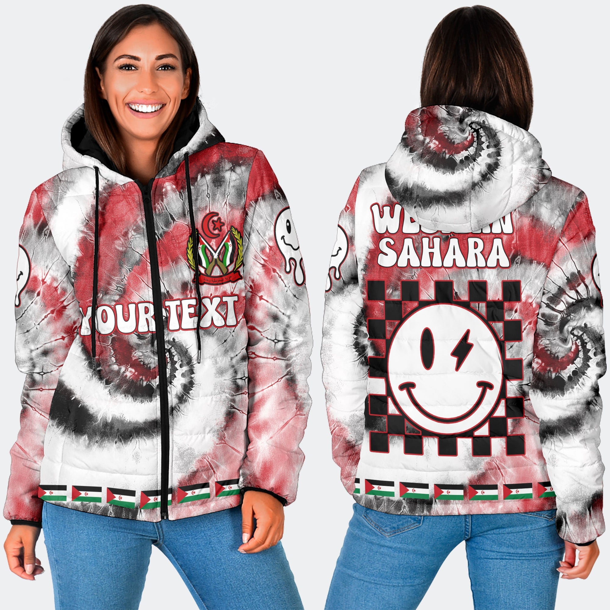 Western Sahara Women Hooded Padded Jacket Custom Tie Dye Style 3