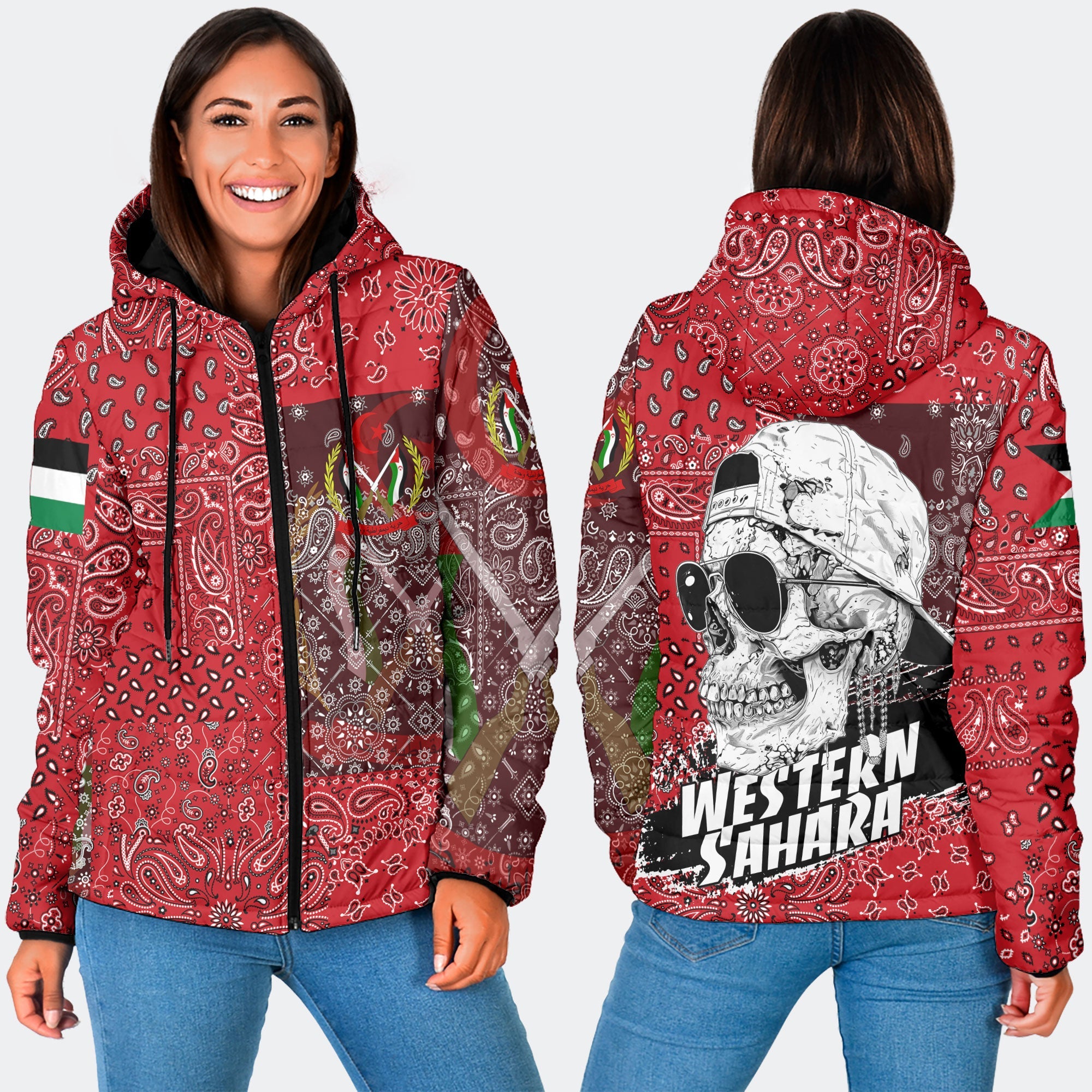 Western Sahara Women Hooded Padded Jacket Paisley Flag And Skull Style 3