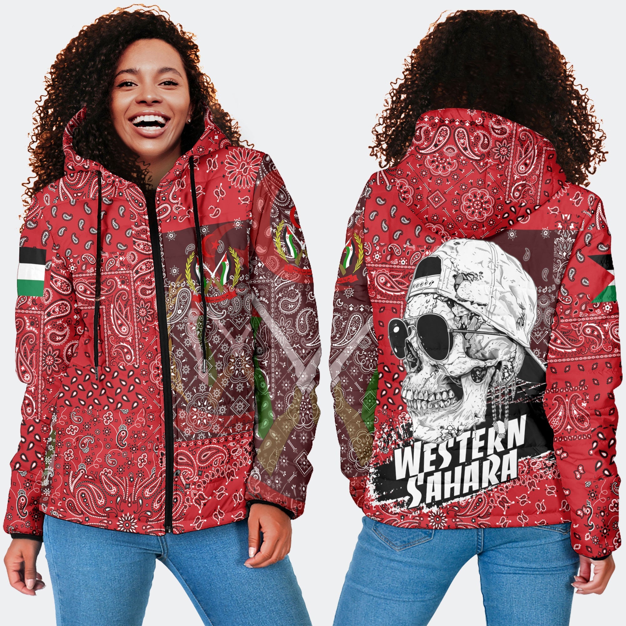 Western Sahara Women Hooded Padded Jacket Paisley Flag And Skull Style 4