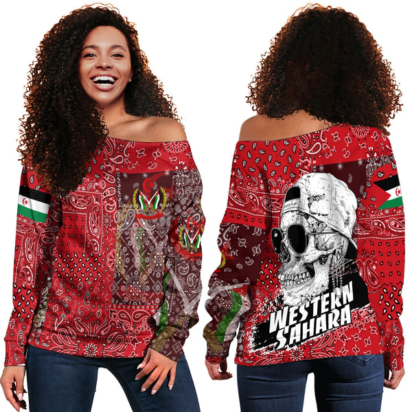 Western Sahara Women Off Shoulder Sweatshirt Paisley Flag And Skull Style 1