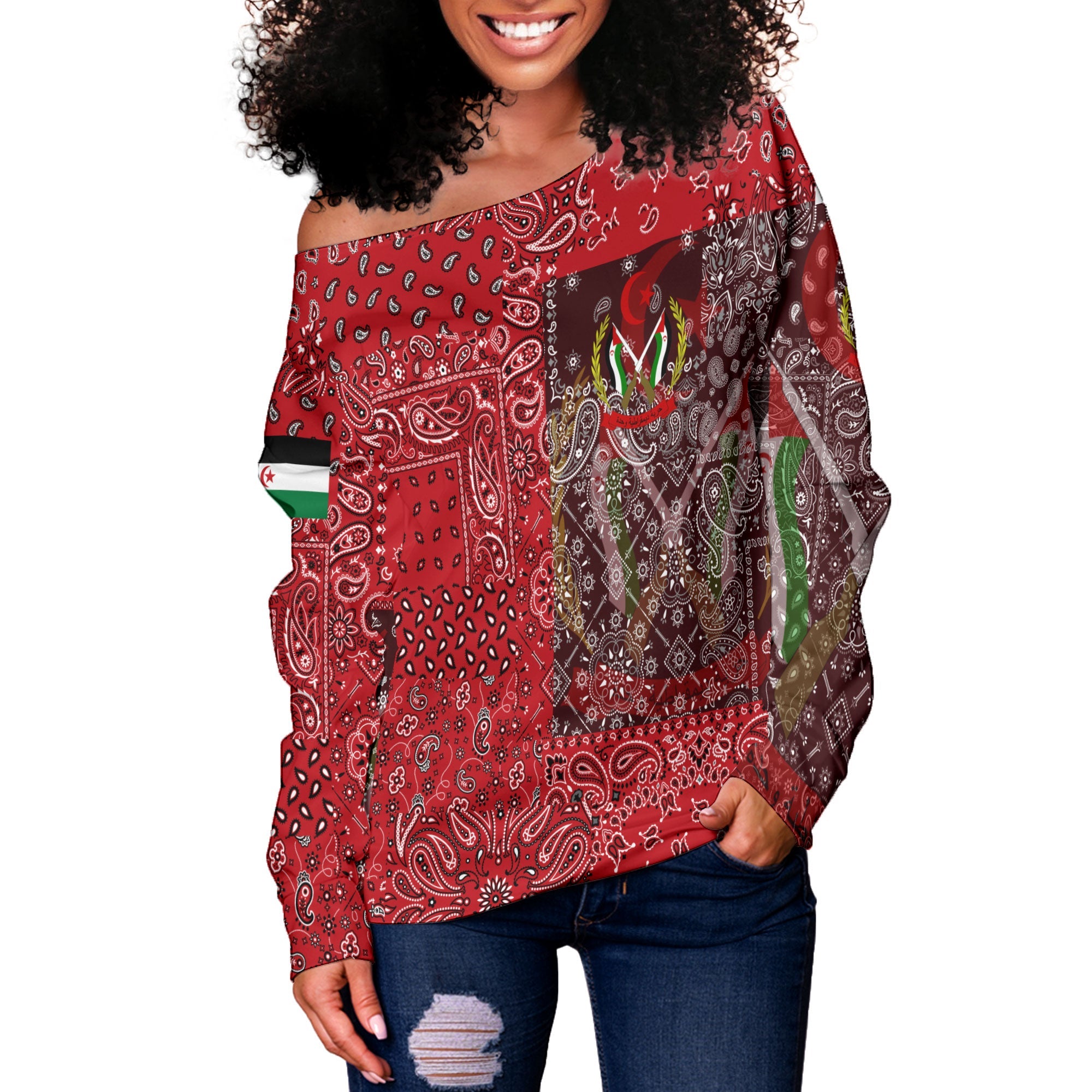 Western Sahara Women Off Shoulder Sweatshirt Paisley Flag And Skull Style 2