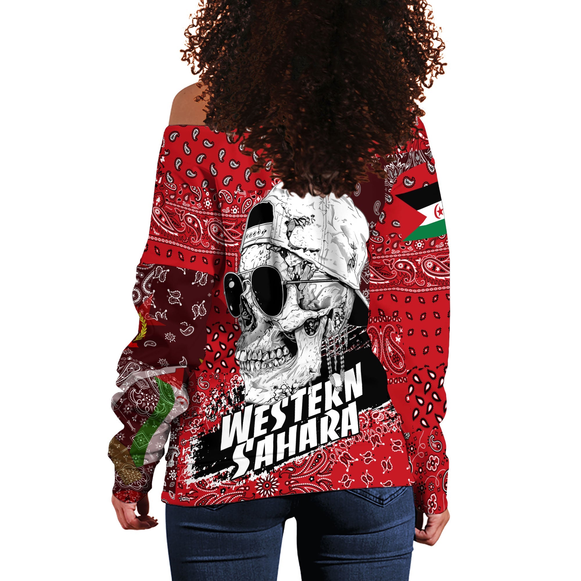 Western Sahara Women Off Shoulder Sweatshirt Paisley Flag And Skull Style 3