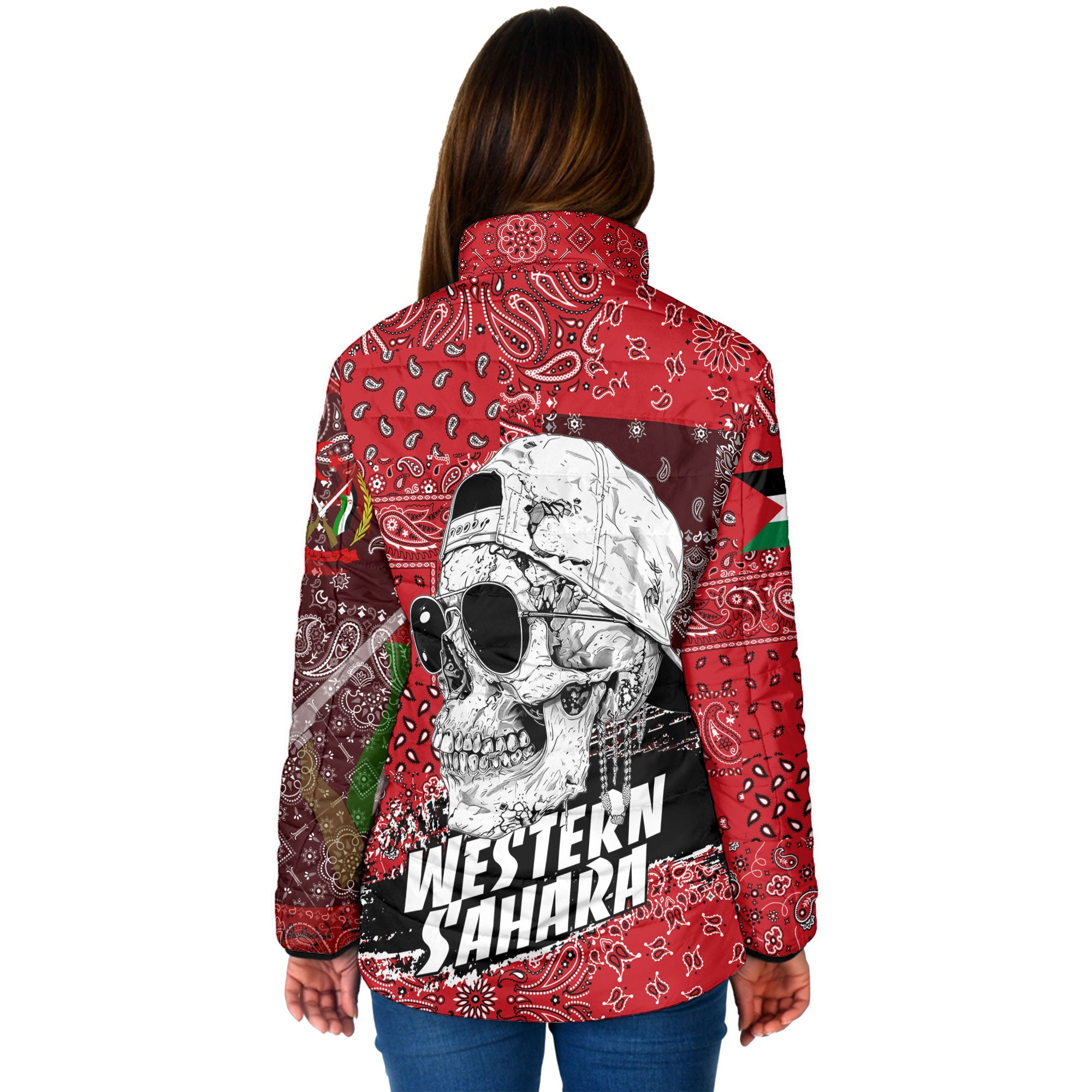 Western Sahara Women Padded Jacket Paisley Flag And Skull Style 2