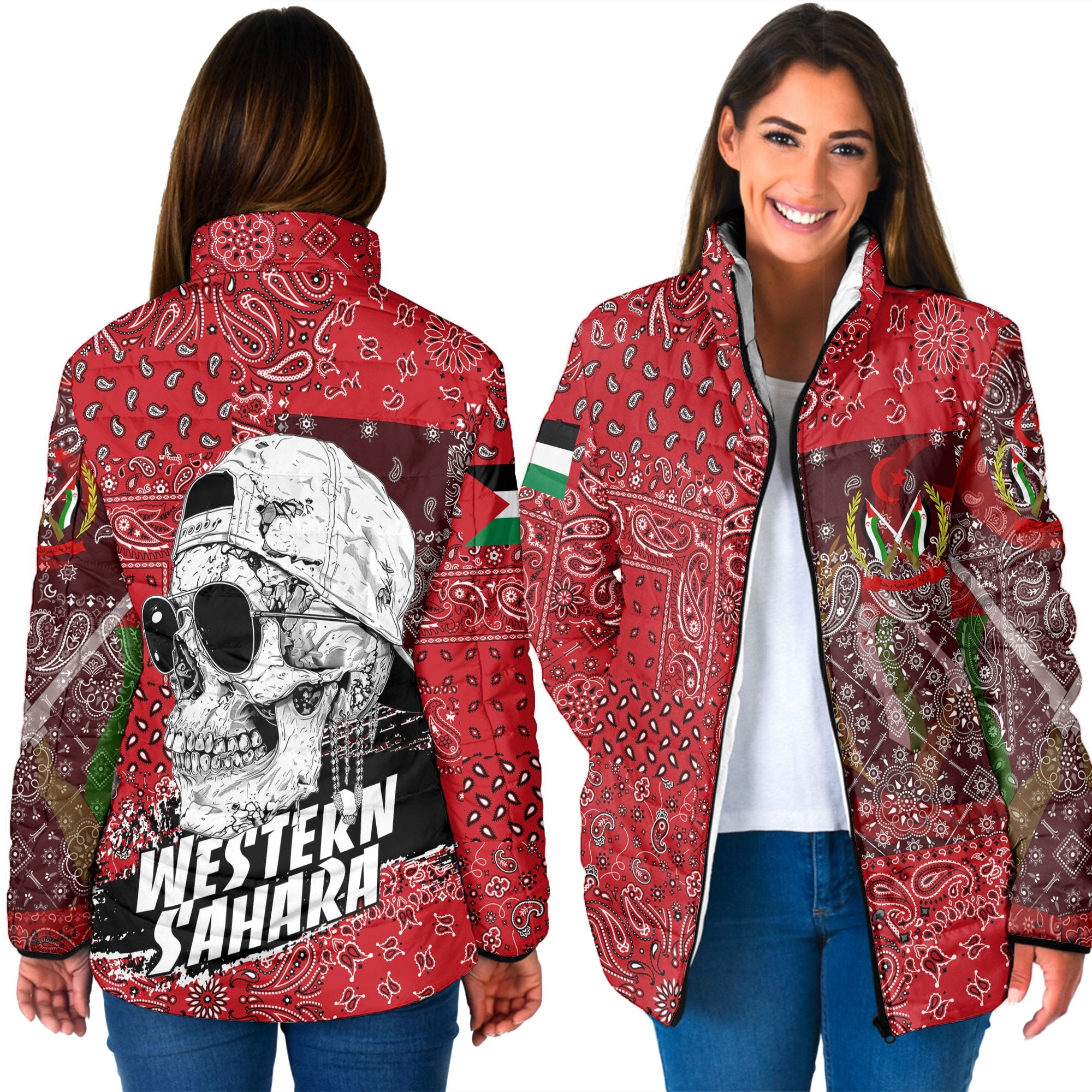 Western Sahara Women Padded Jacket Paisley Flag And Skull Style 3