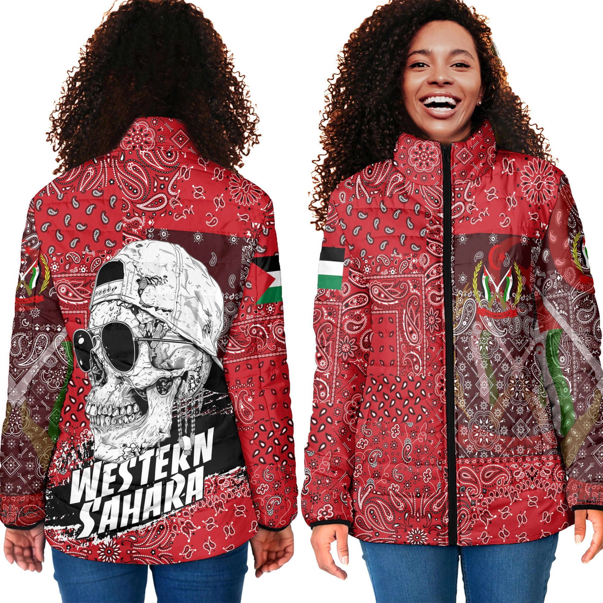 Western Sahara Women Padded Jacket Paisley Flag And Skull Style 4