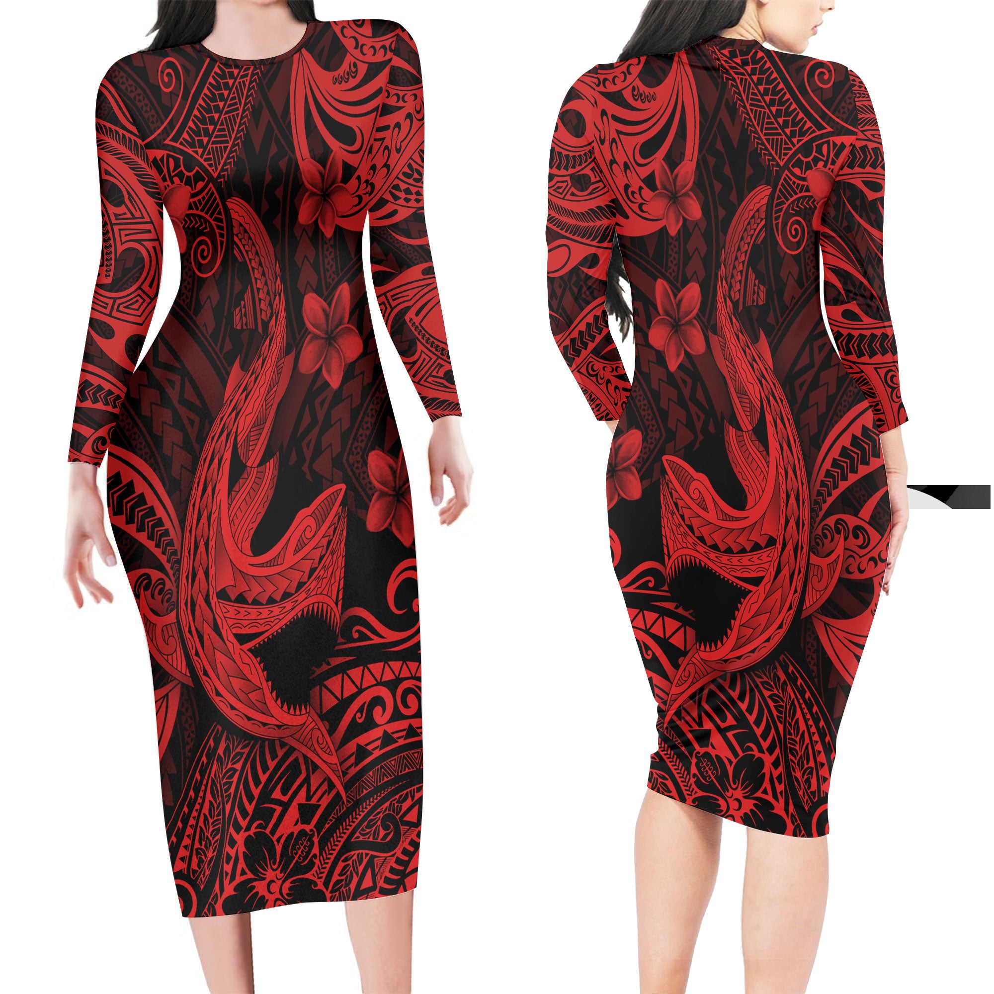 Hawaii Matching Outfits For Couples Polynesian Shark Red & Black Style - TT01