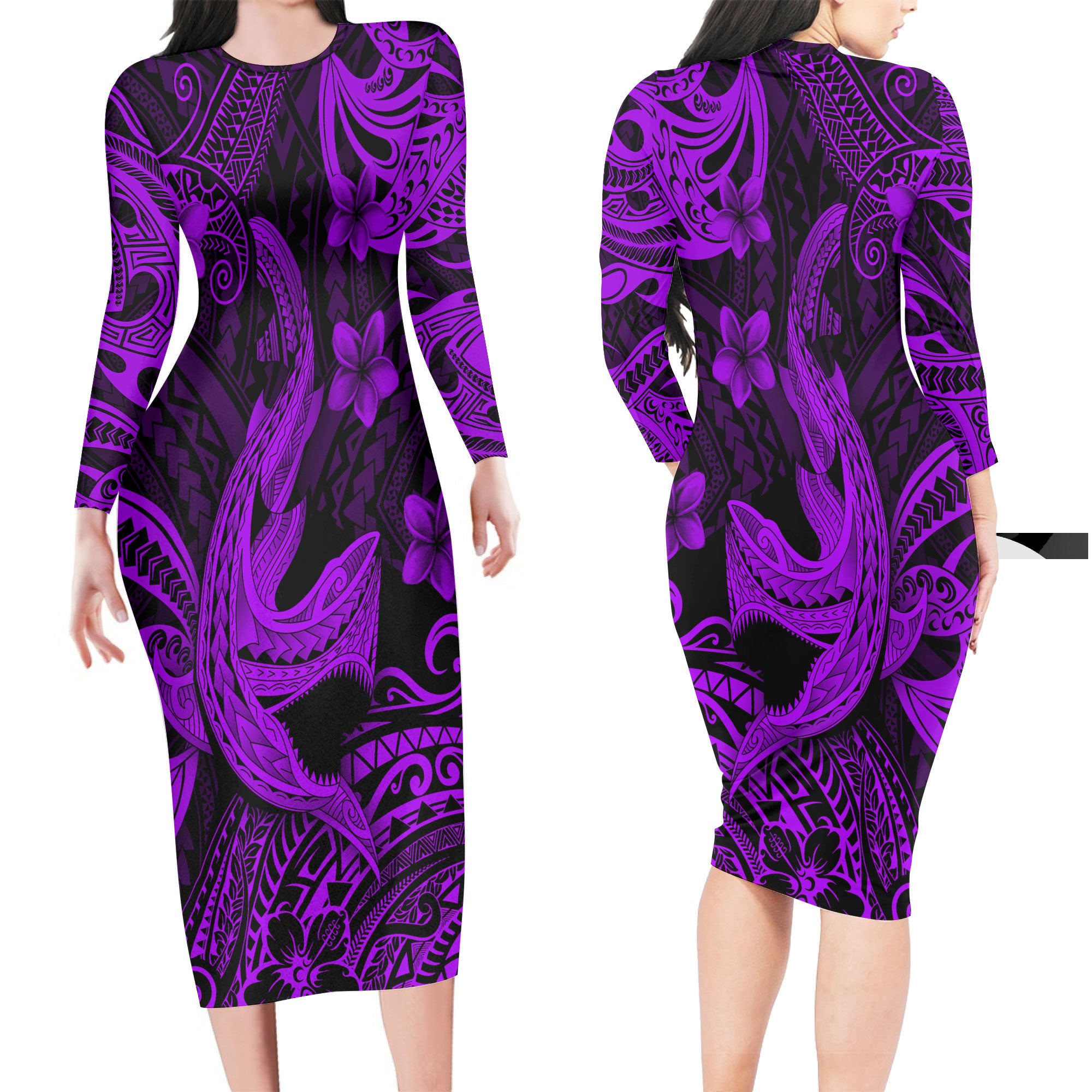 Hawaii Matching Outfits For Couples Polynesian Shark Purple & Black Style - TT01