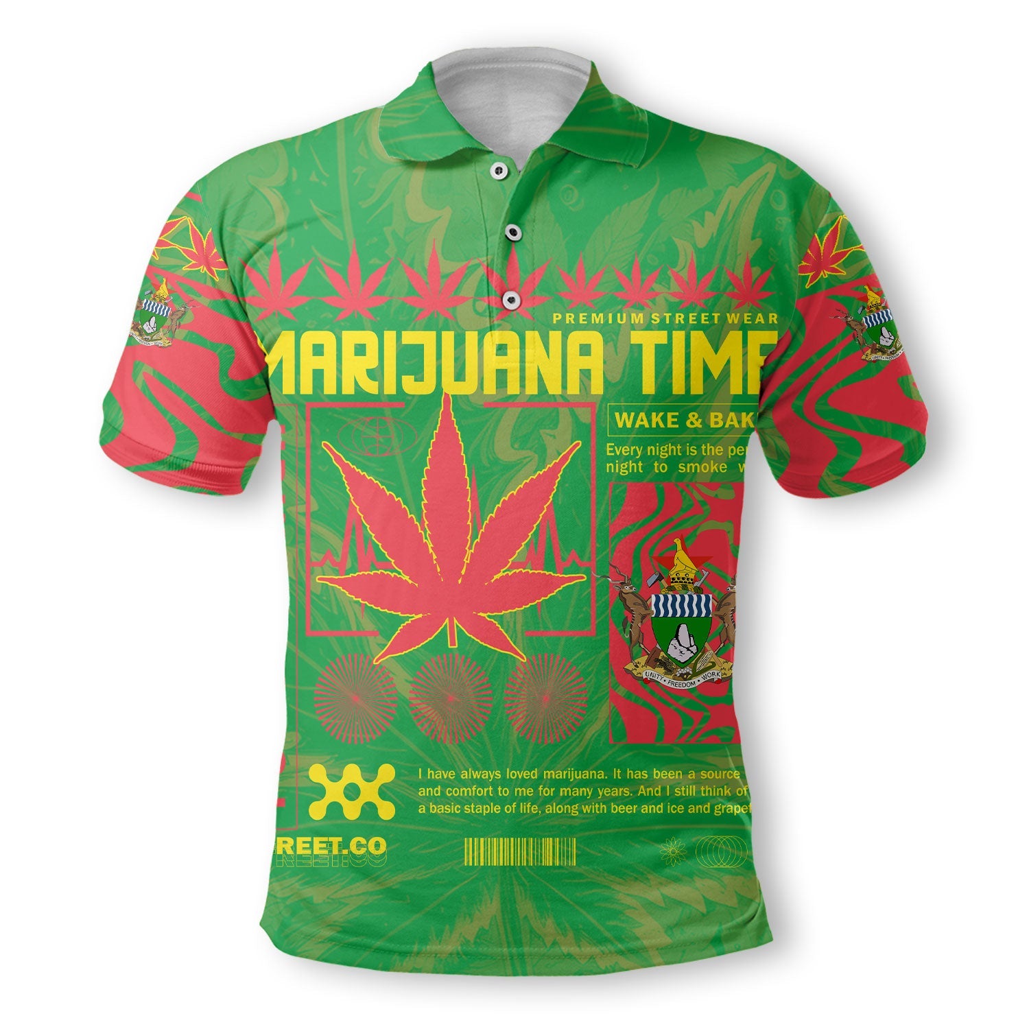 Zimbabwe Polo Shirt Flag & Coat Of Arms Marijuanas Style