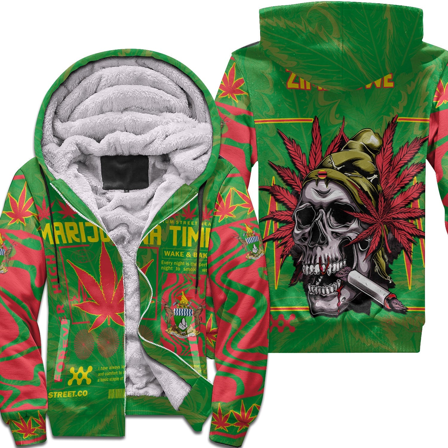 Zimbabwe Sherpa Hoodie Flag & Coat Of Arms Marijuanas Style