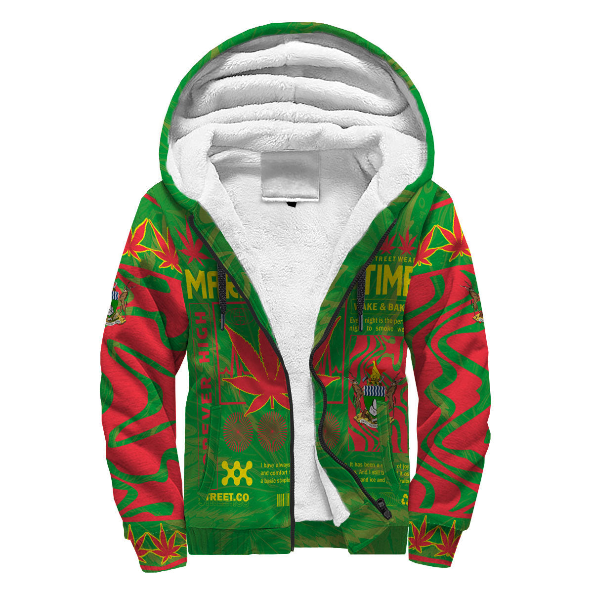 Zimbabwe Sherpa Hoodie Flag & Coat Of Arms Marijuanas Style