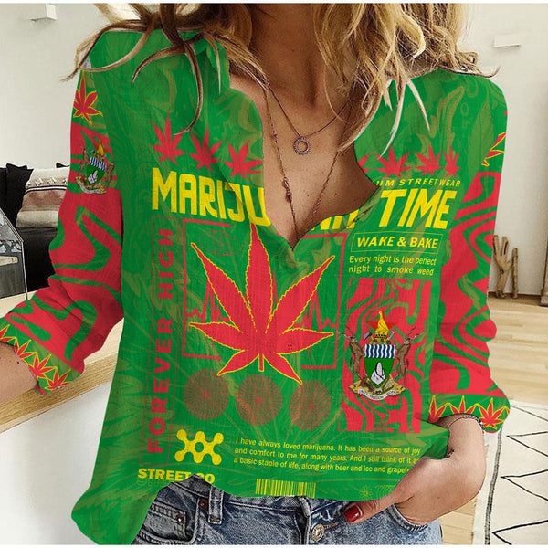 Zimbabwe Women Casual Shirt Flag & Coat Of Arms Marijuanas Style