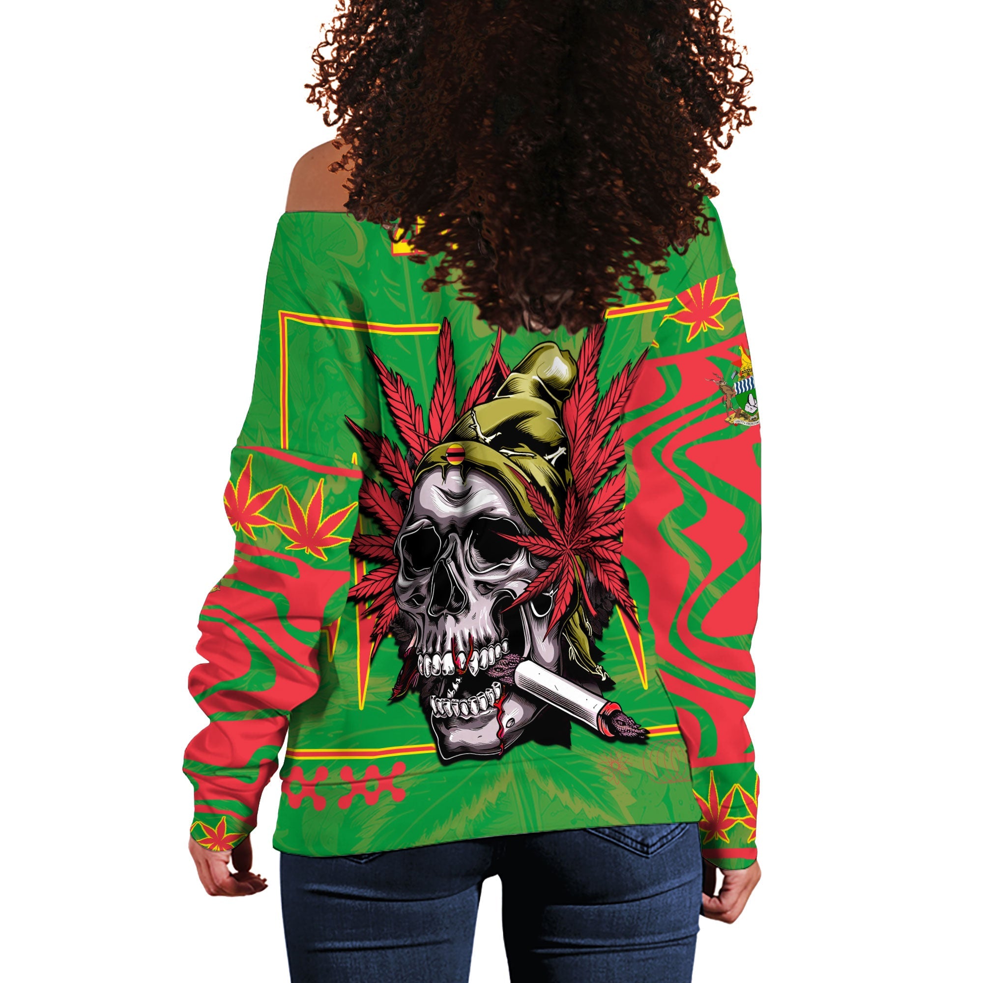 Zimbabwe Women Off Shoulder Sweatshirt Flag & Coat Of Arms Marijuanas Style