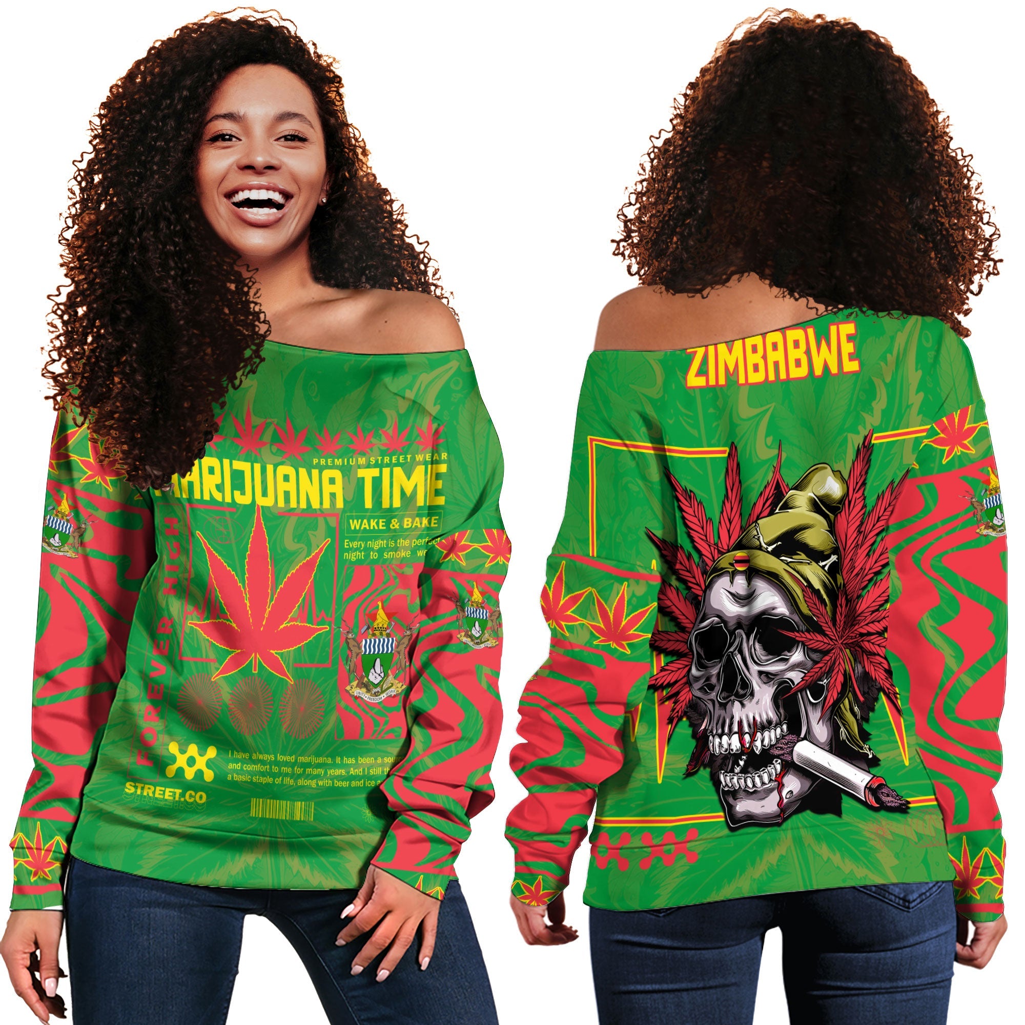 Zimbabwe Women Off Shoulder Sweatshirt Flag & Coat Of Arms Marijuanas Style