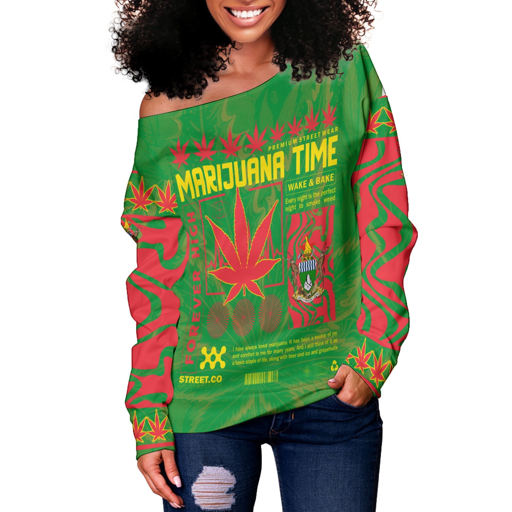 Zimbabwe Women Off Shoulder Sweatshirt Flag & Coat Of Arms Marijuanas Style