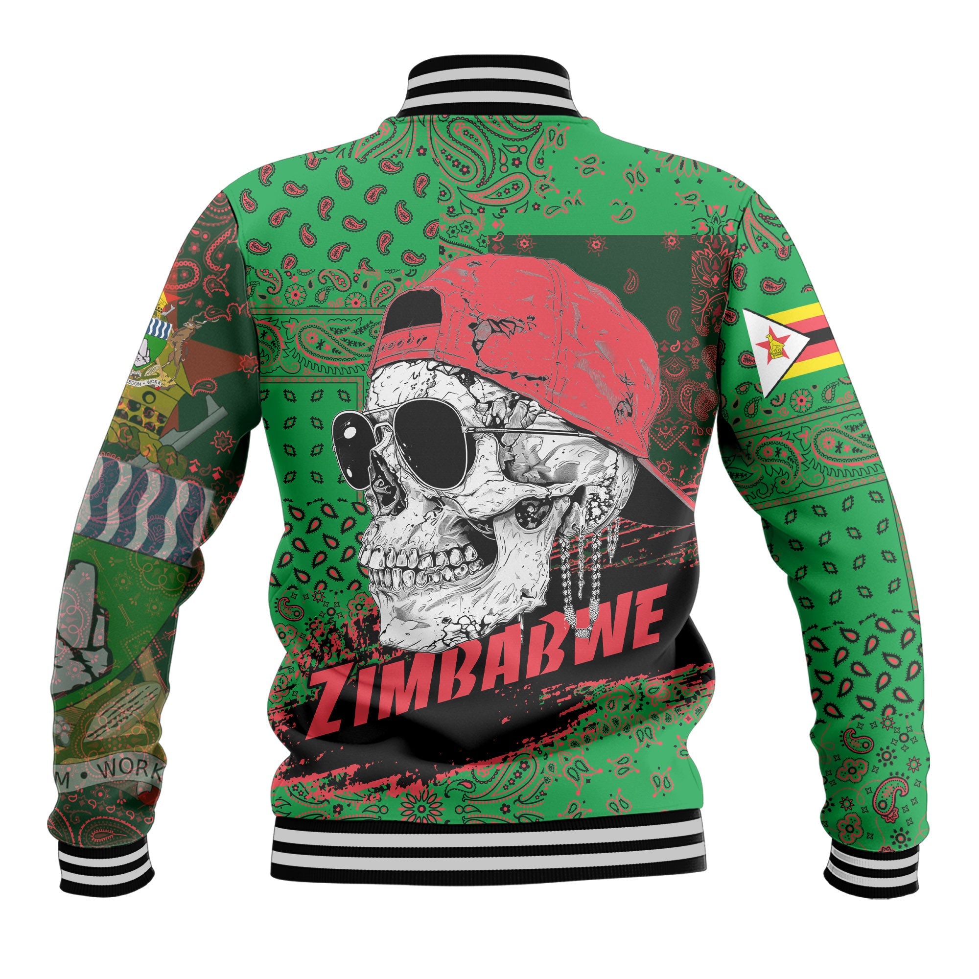 Zimbabwe Baseball Jacket Paisley Flag And Skull Style 3