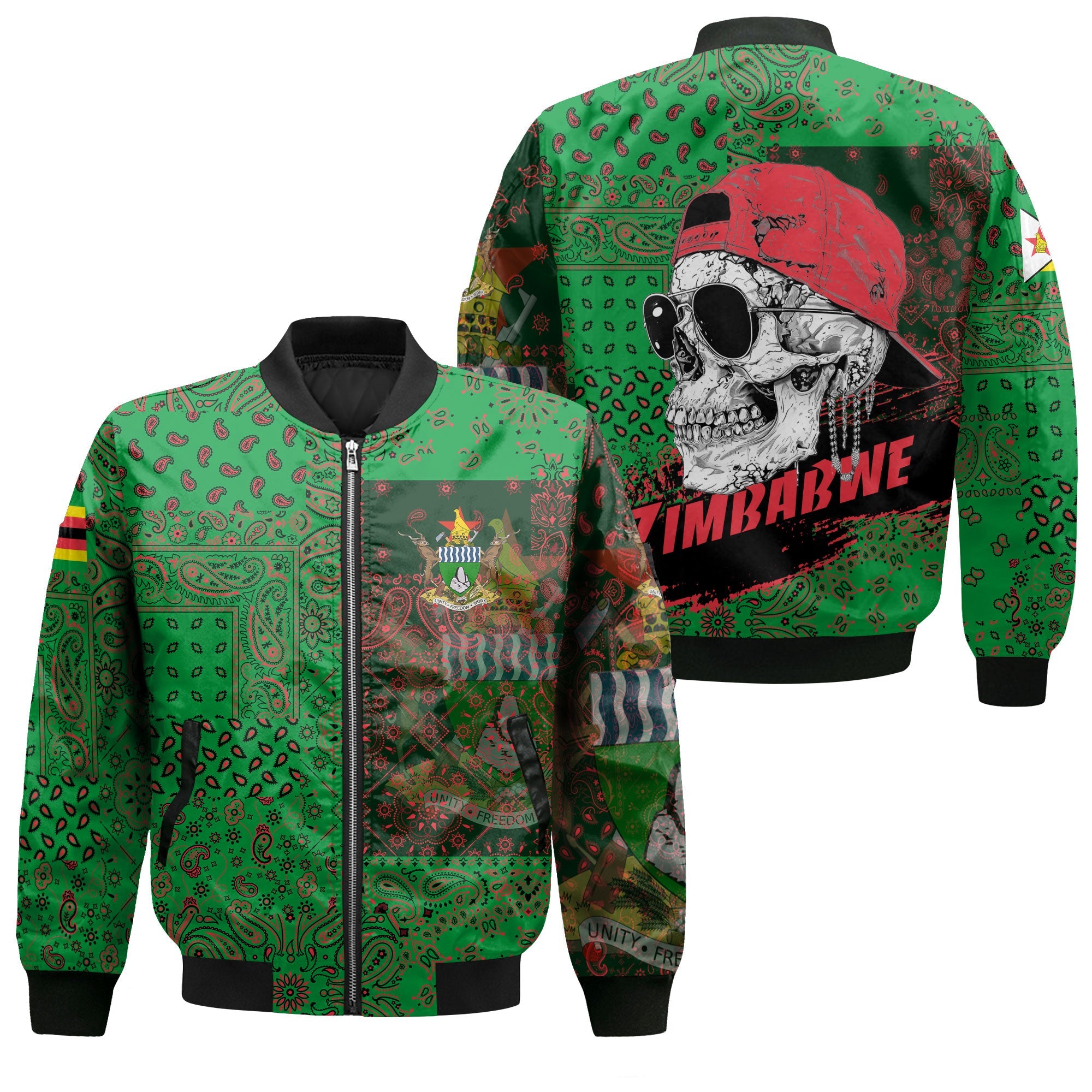 Zimbabwe Bomber Jacket Paisley Flag And Skull Style 1