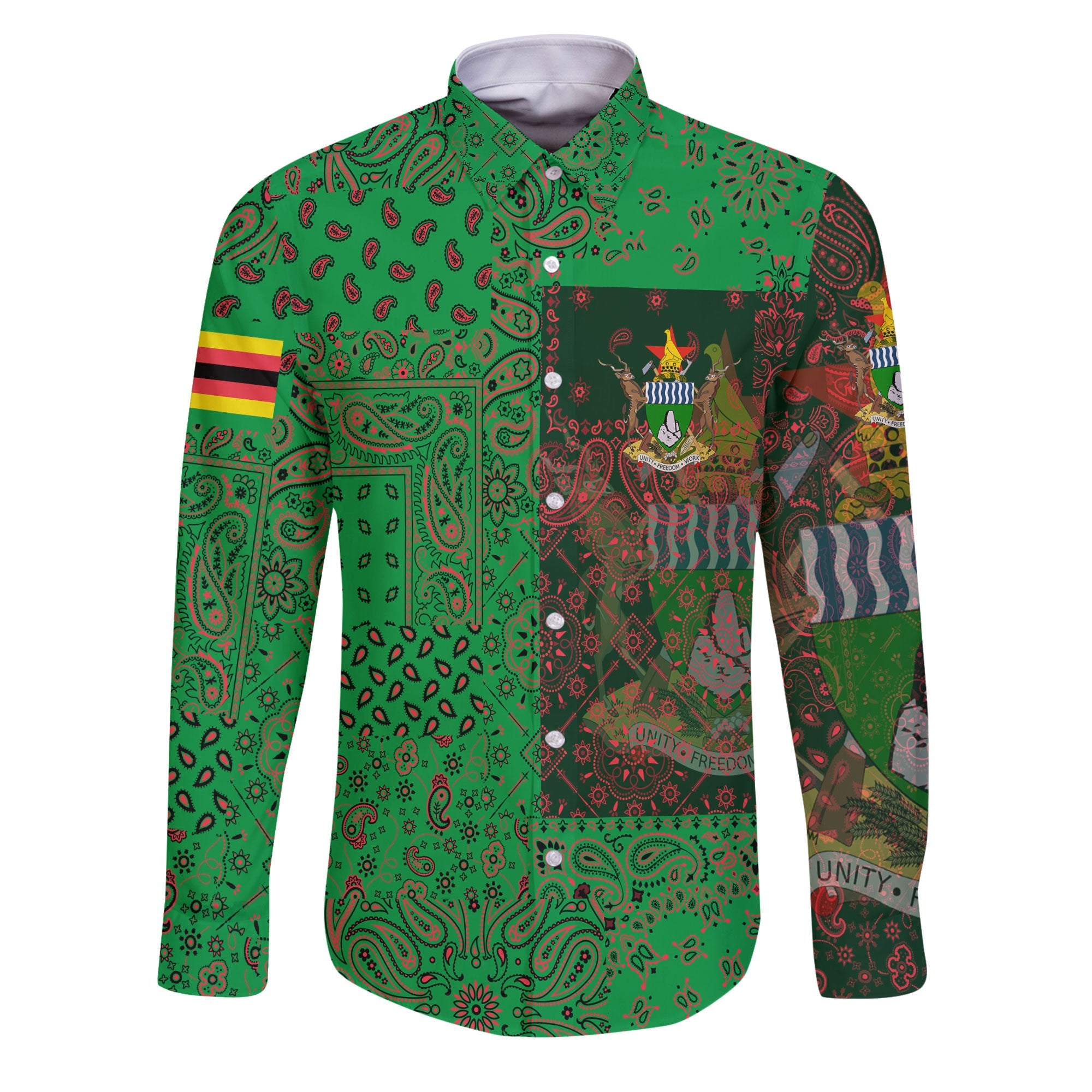 Zimbabwe Long Sleeve Button Shirt Paisley Flag And Skull Style 1