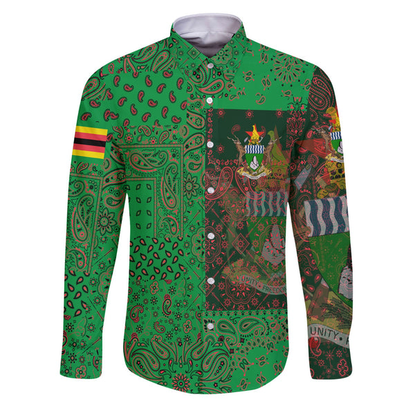 Zimbabwe Long Sleeve Button Shirt Paisley Flag And Skull Style 1