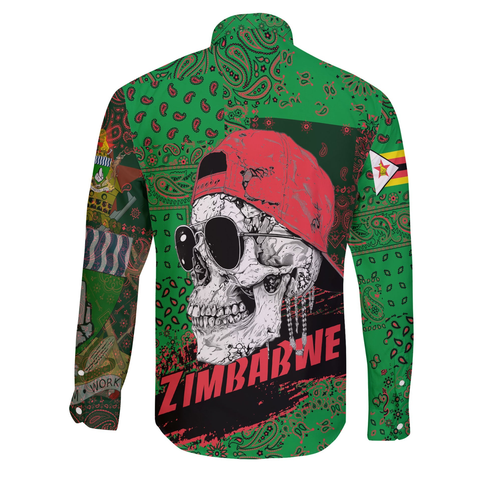 Zimbabwe Long Sleeve Button Shirt Paisley Flag And Skull Style 2