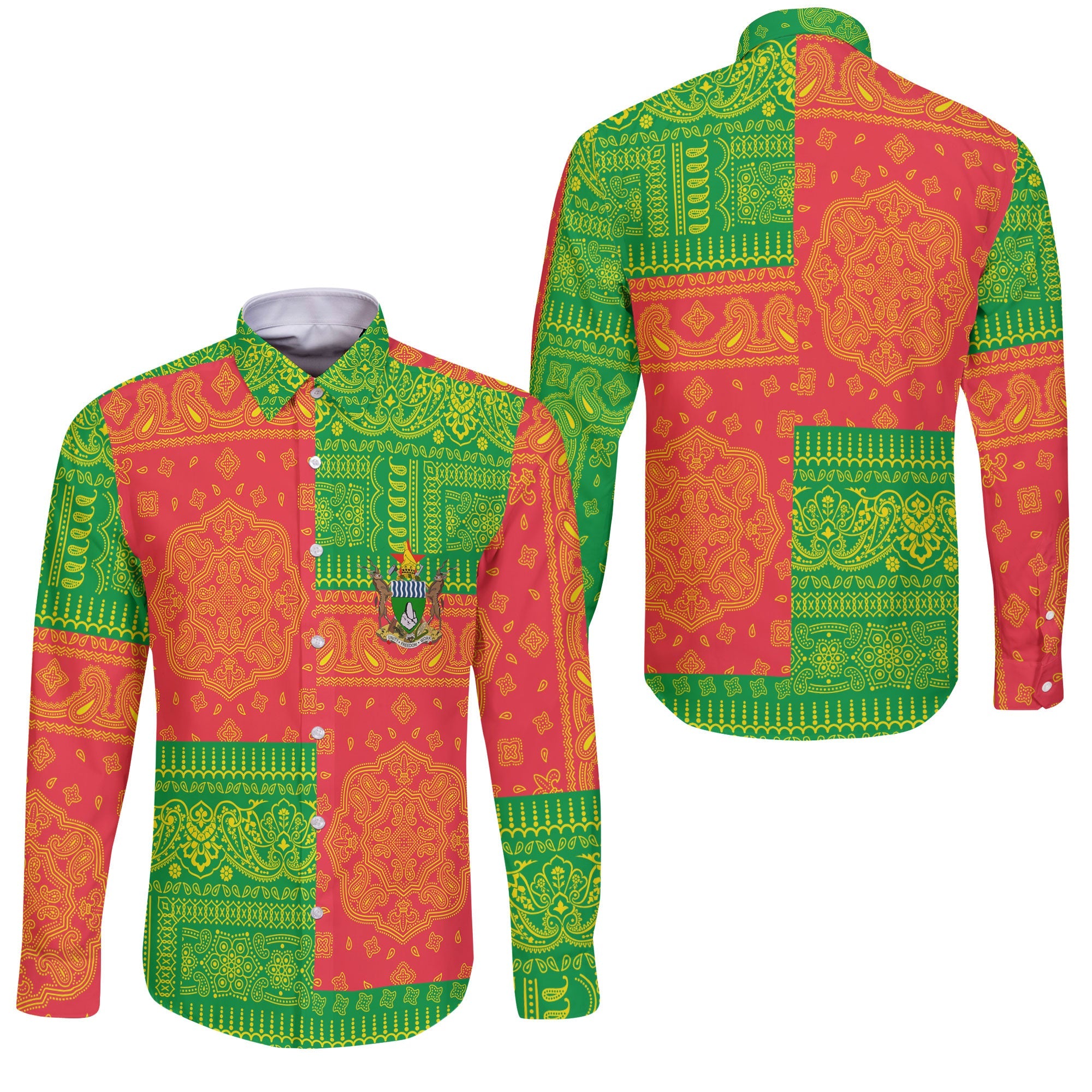 Zimbabwe Long Sleeve Button Shirt Flag And Paisley Basic Style 3