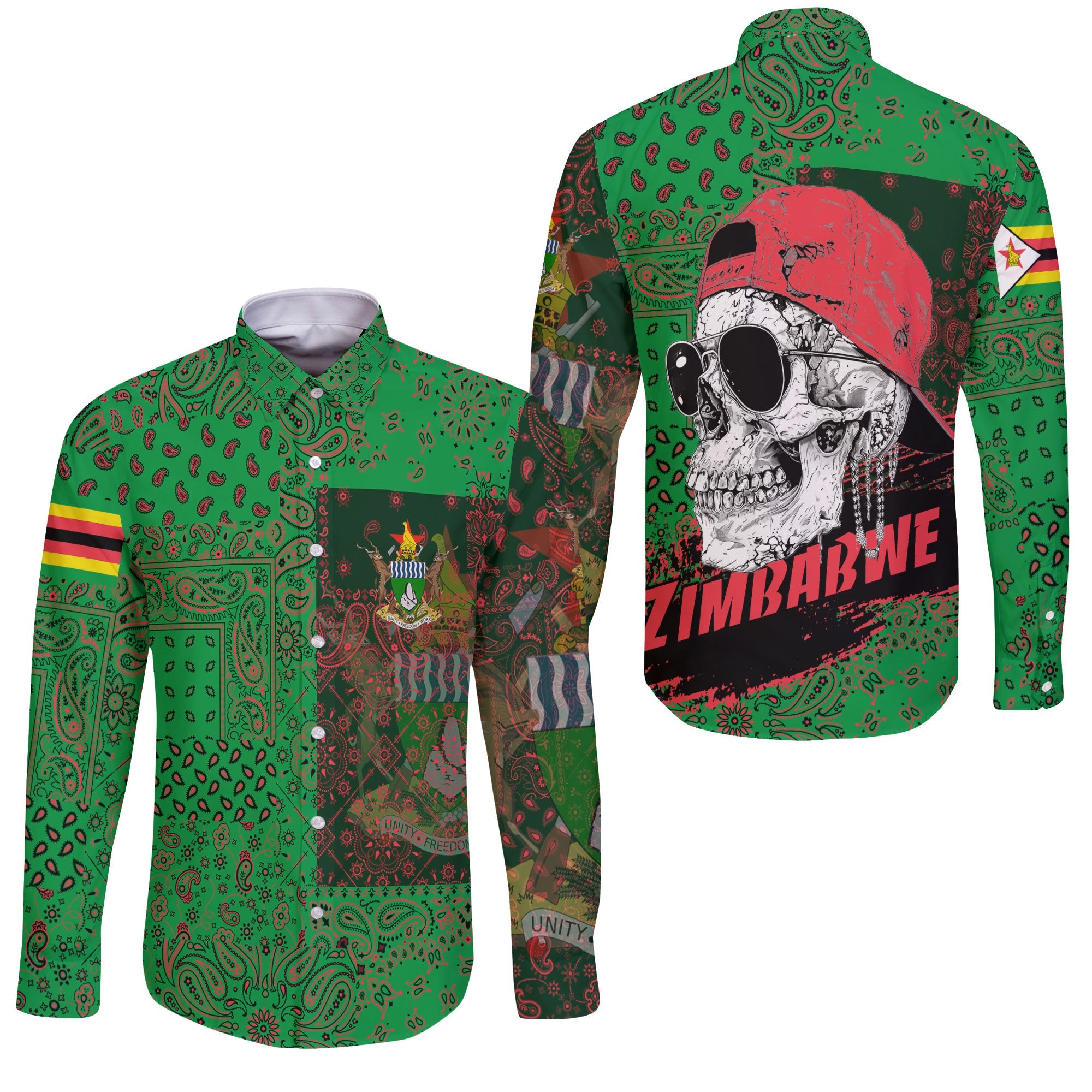 Zimbabwe Long Sleeve Button Shirt Paisley Flag And Skull Style 3