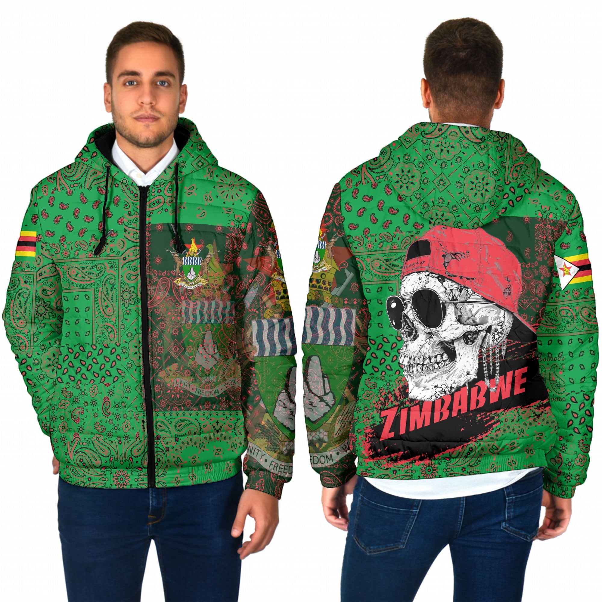 Zimbabwe Men Hooded Padded Jacket Paisley Flag And Skull Style 1