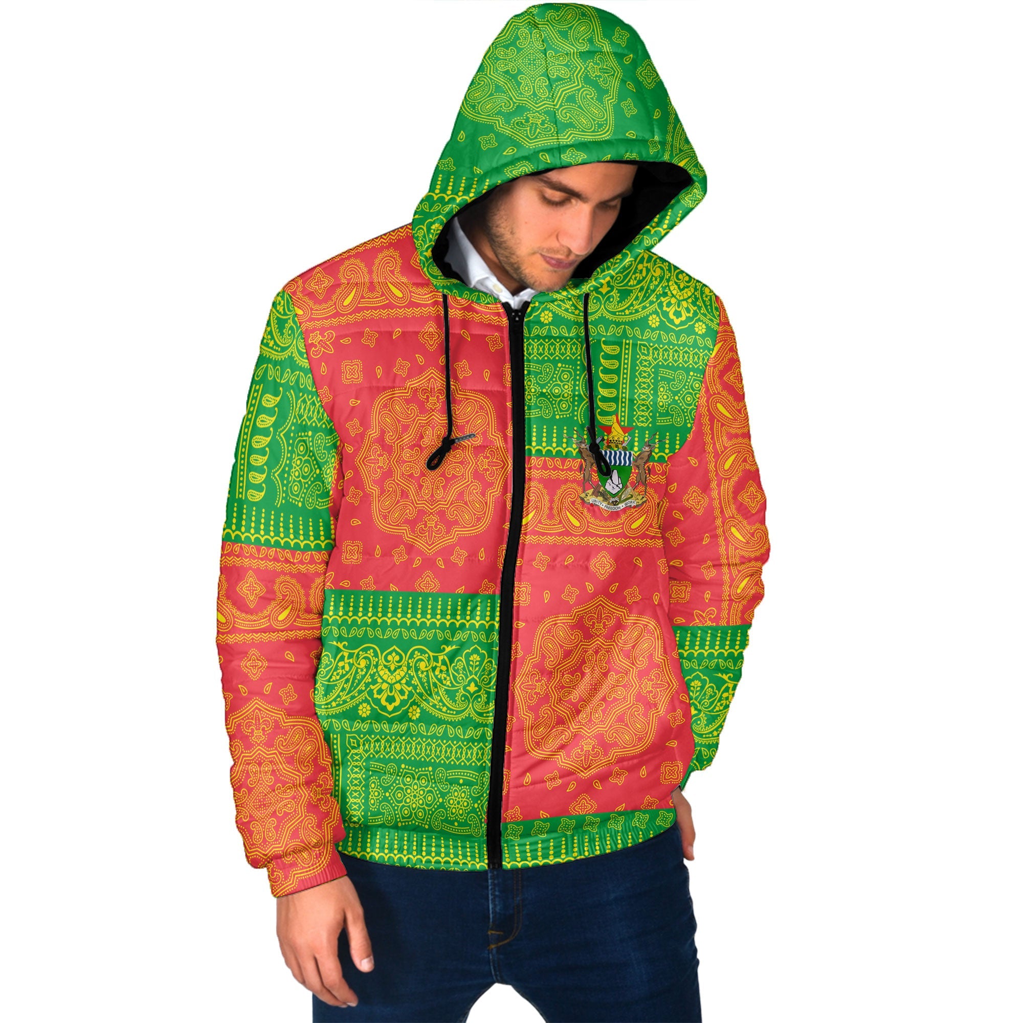 Zimbabwe Men Hooded Padded Jacket Flag And Paisley Basic Style 2