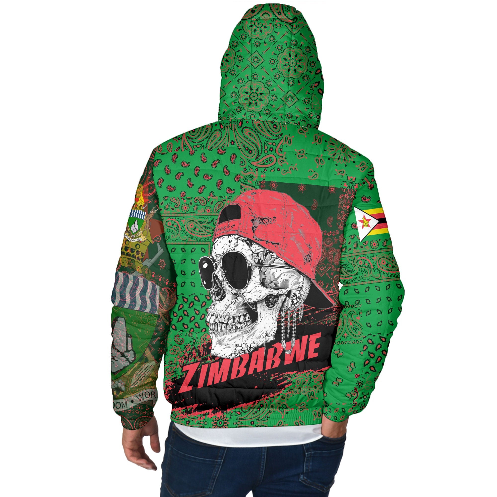 Zimbabwe Men Hooded Padded Jacket Paisley Flag And Skull Style 3