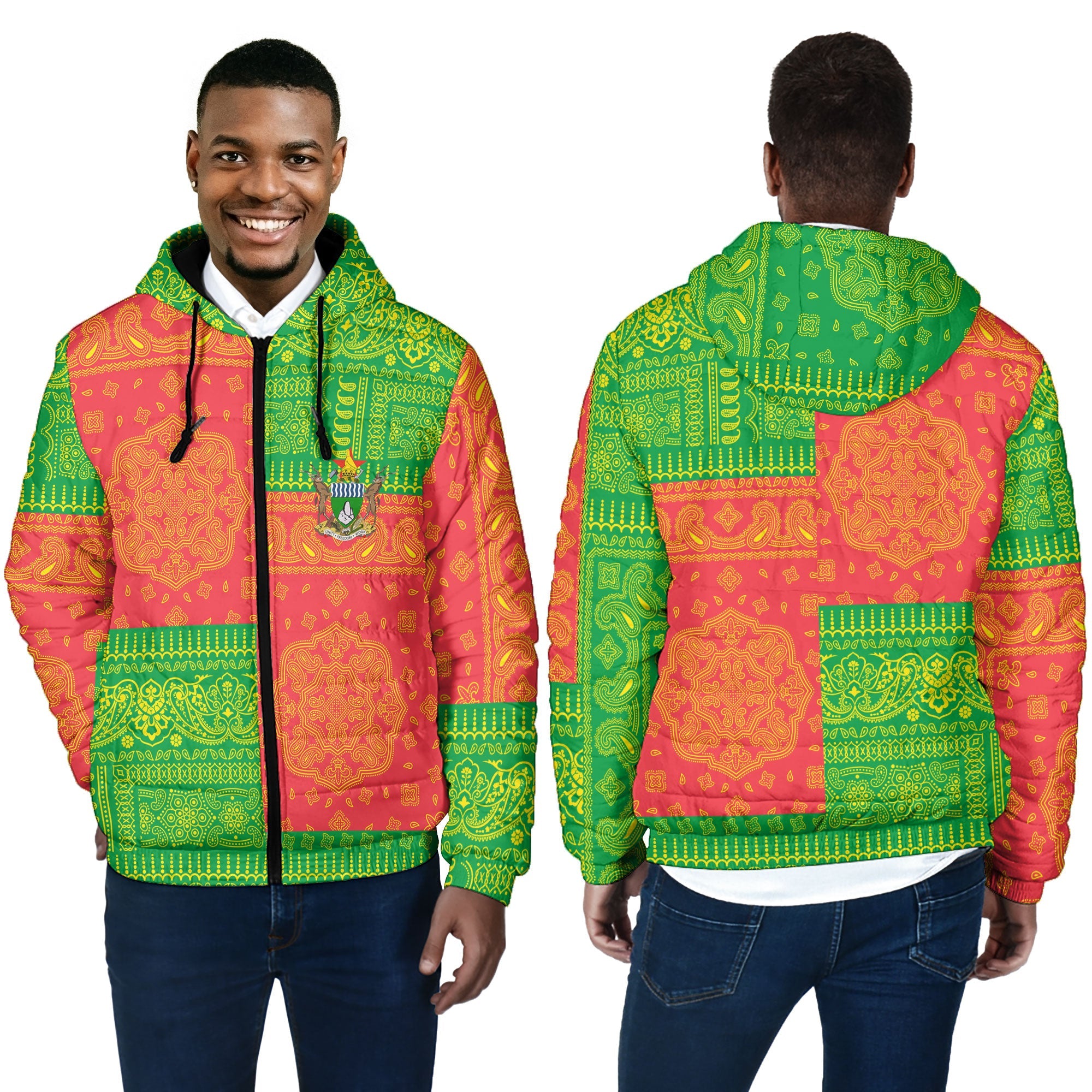 Zimbabwe Men Hooded Padded Jacket Flag And Paisley Basic Style 4