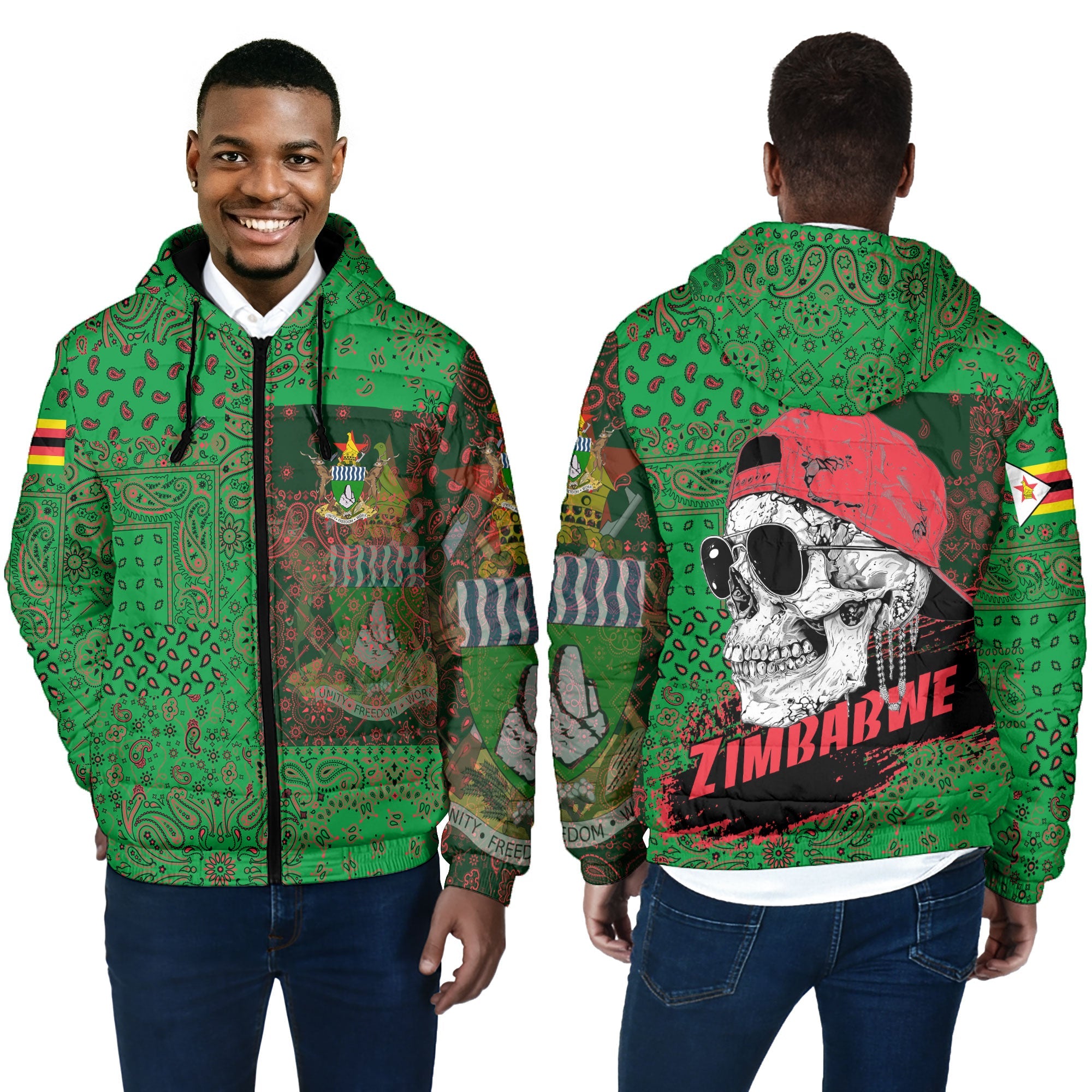 Zimbabwe Men Hooded Padded Jacket Paisley Flag And Skull Style 4