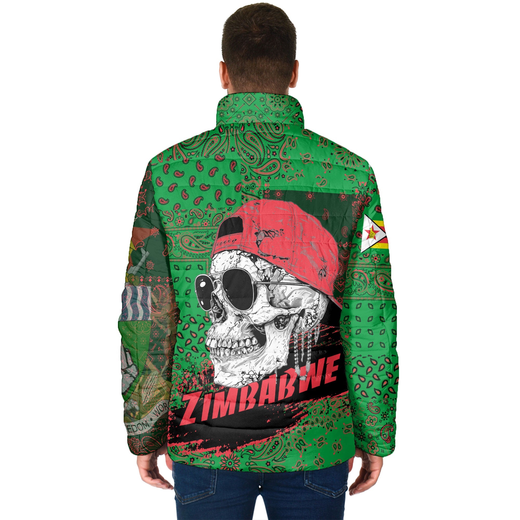 Zimbabwe Men Padded Jacket Paisley Flag And Skull Style 2