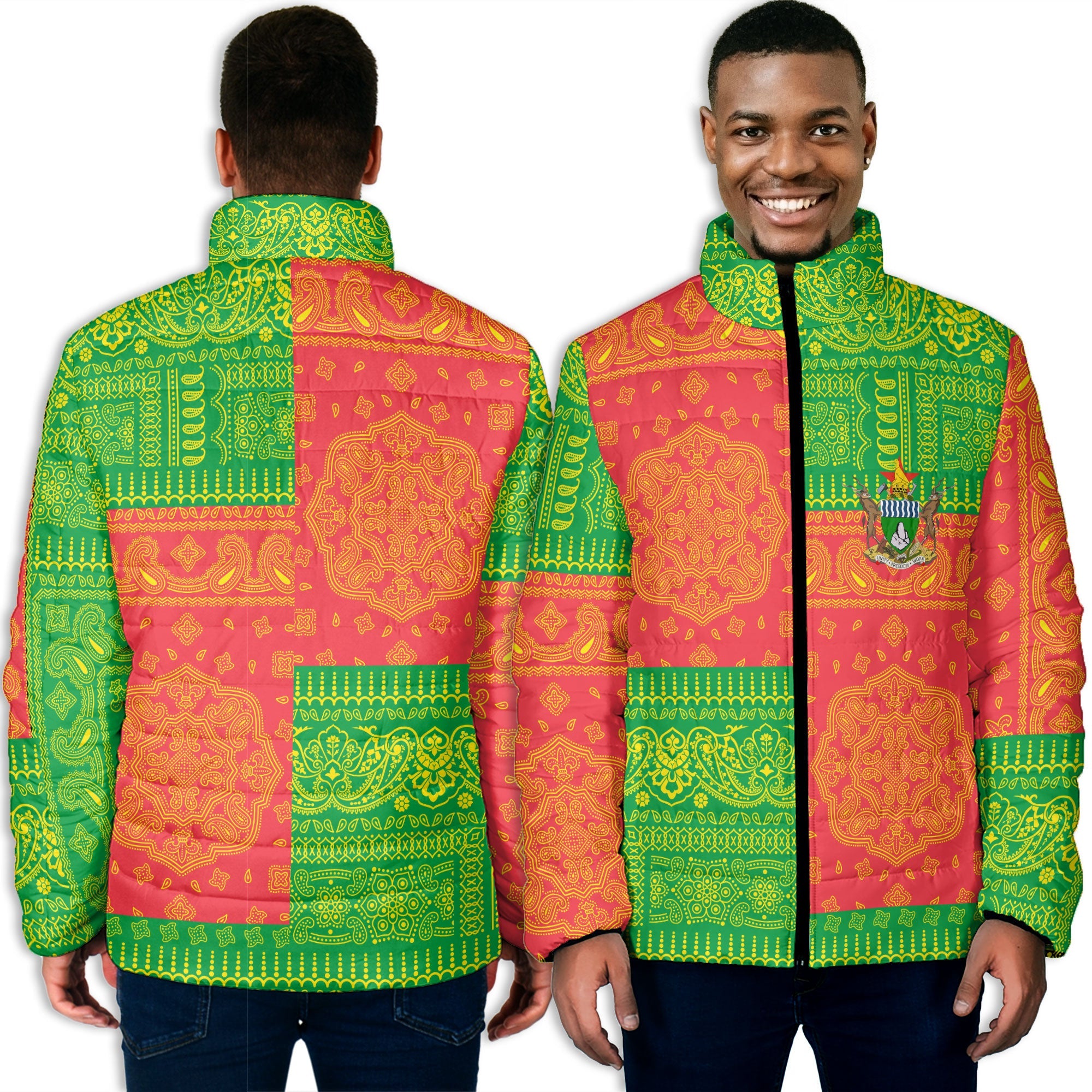 Zimbabwe Men Padded Jacket Flag And Paisley Basic Style 3