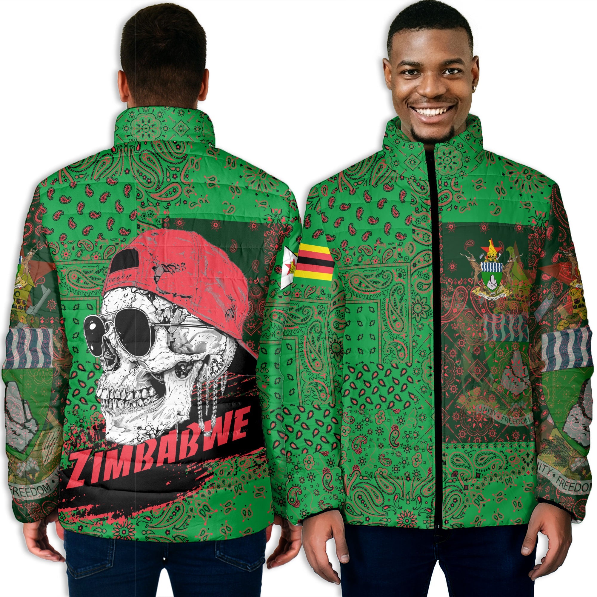 Zimbabwe Men Padded Jacket Paisley Flag And Skull Style 3