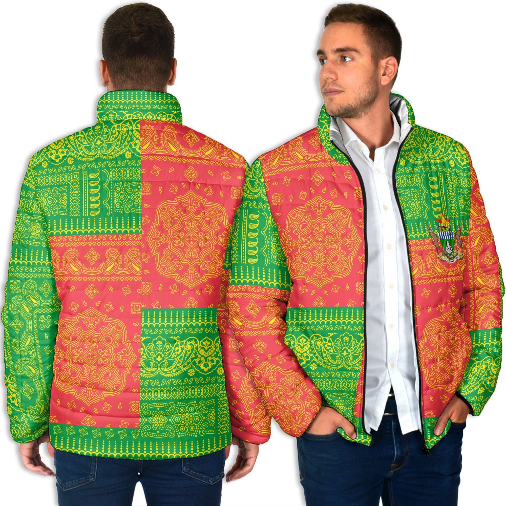 Zimbabwe Men Padded Jacket Flag And Paisley Basic Style 4