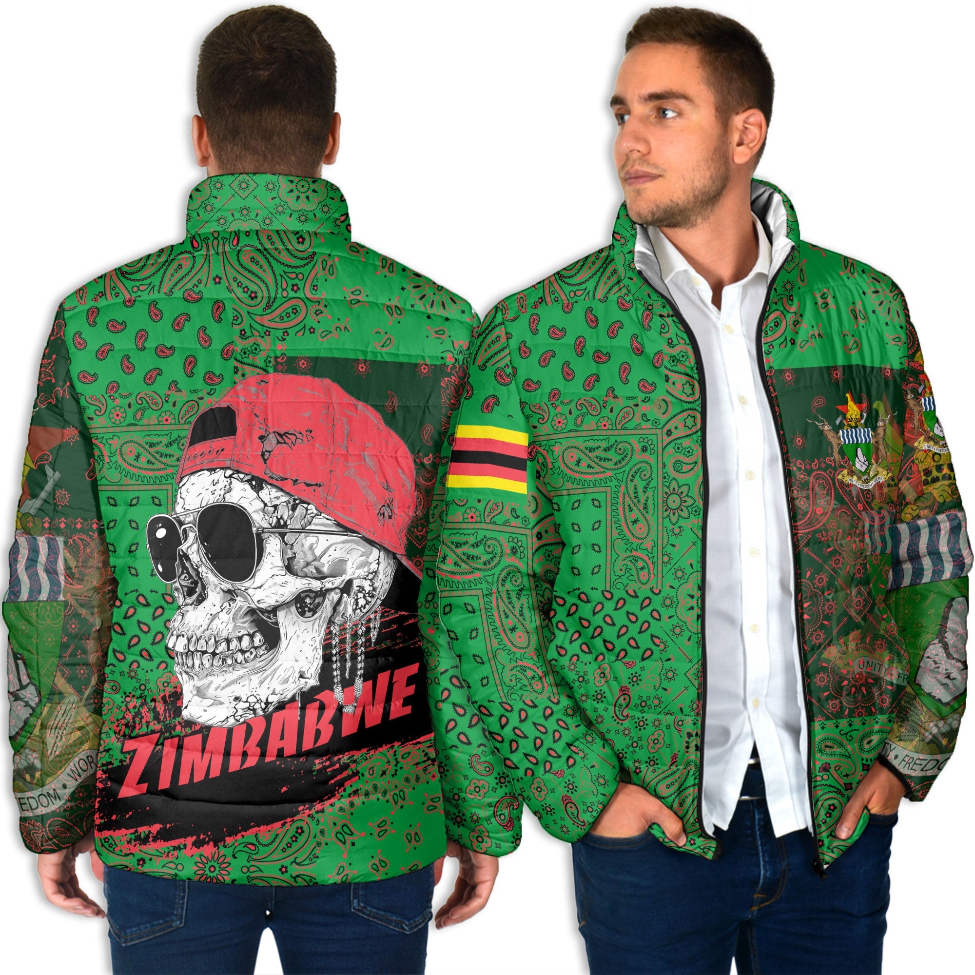 Zimbabwe Men Padded Jacket Paisley Flag And Skull Style 4